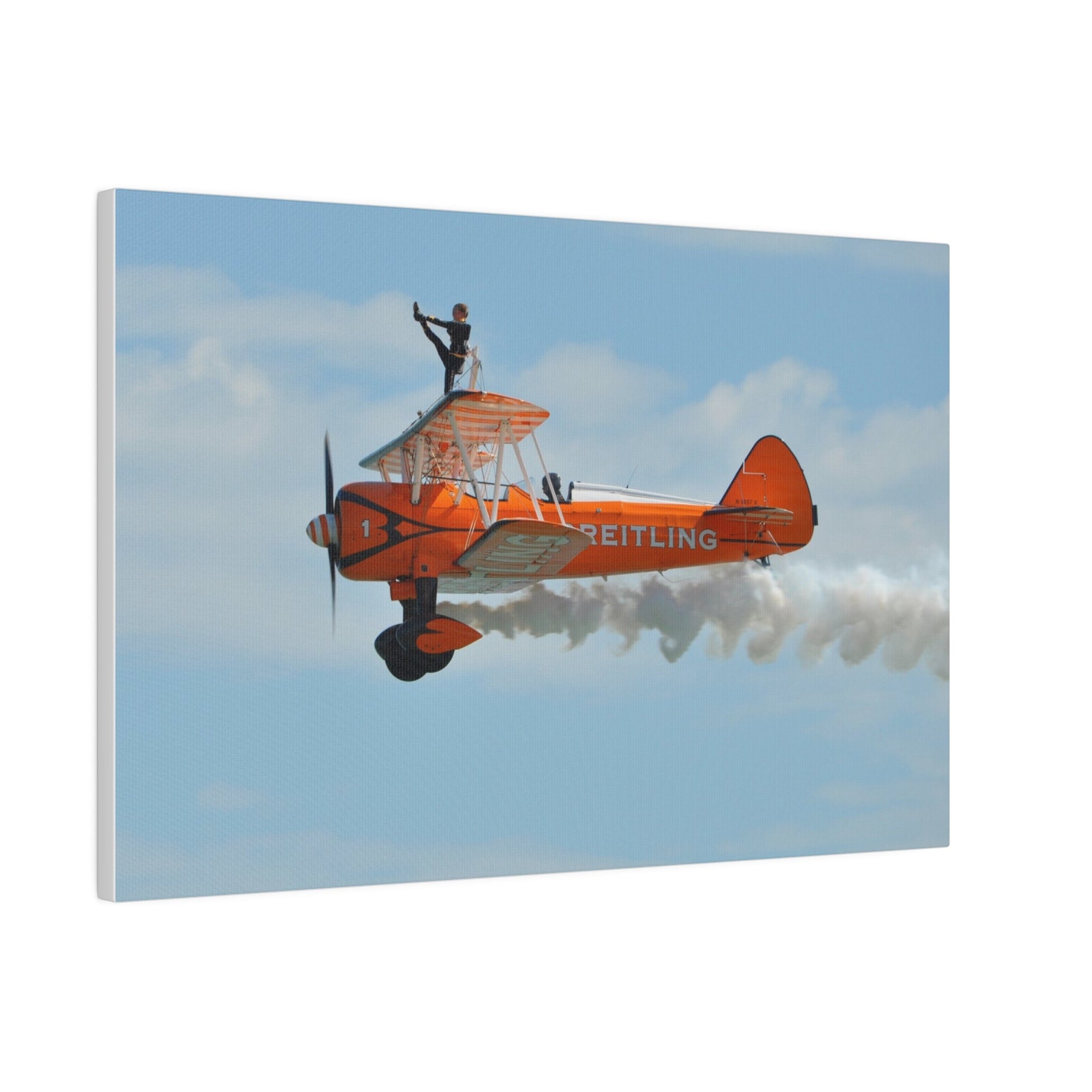Single Wing Walker Flying From The Right Side View With Smoke, With The Person Lifting Left Leg Up, Very Close Up, Matte Canvas, Stretched, 0.75" - The Trio Synergize Group