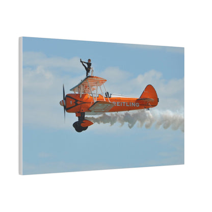 Single Wing Walker Flying From The Right Side View With Smoke, With The Person Lifting Left Leg Up, Very Close Up, Matte Canvas, Stretched, 0.75" - The Trio Synergize Group