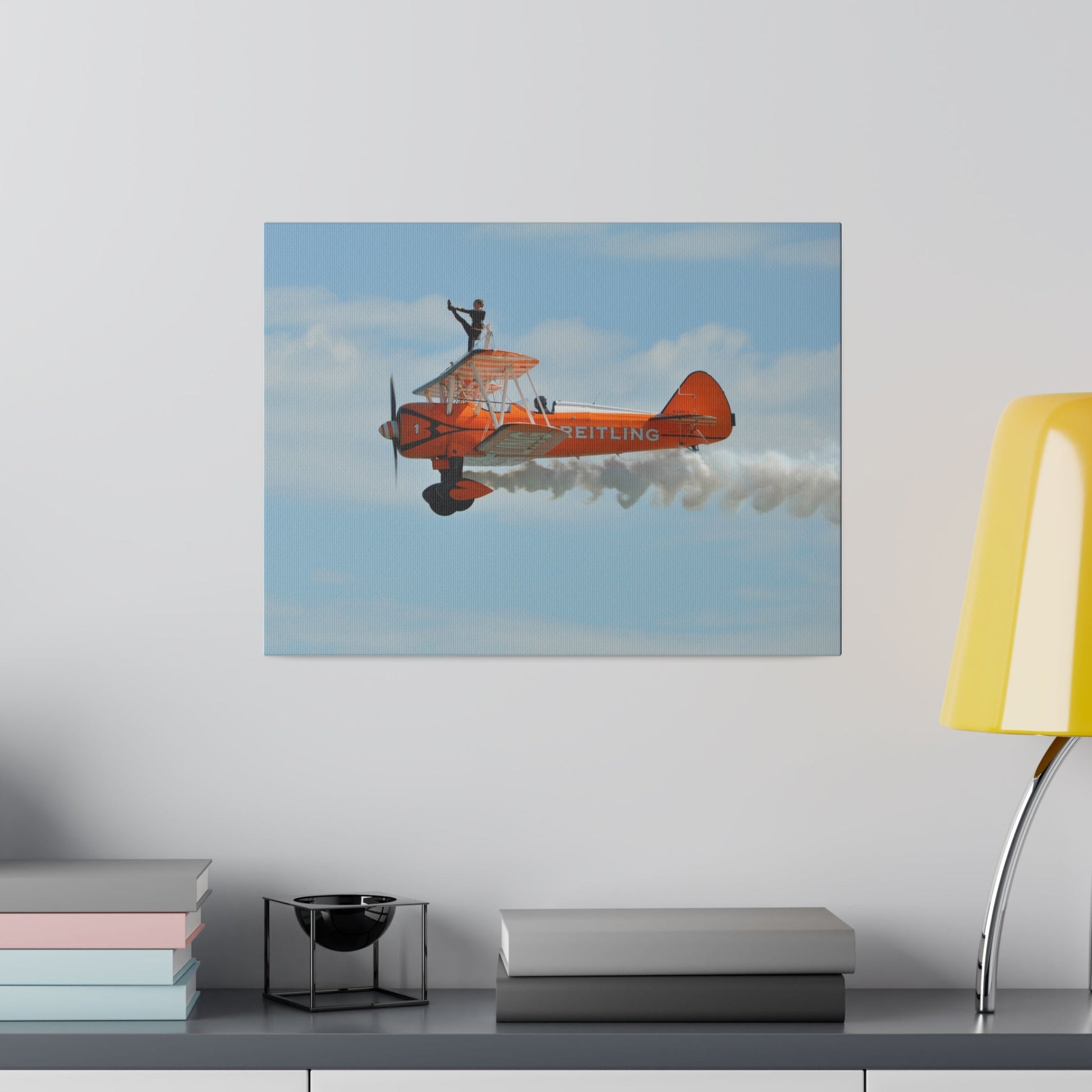 Single Wing Walker Flying From The Right Side View With Smoke, With The Person Lifting Left Leg Up, Very Close Up, Matte Canvas, Stretched, 0.75" - The Trio Synergize Group