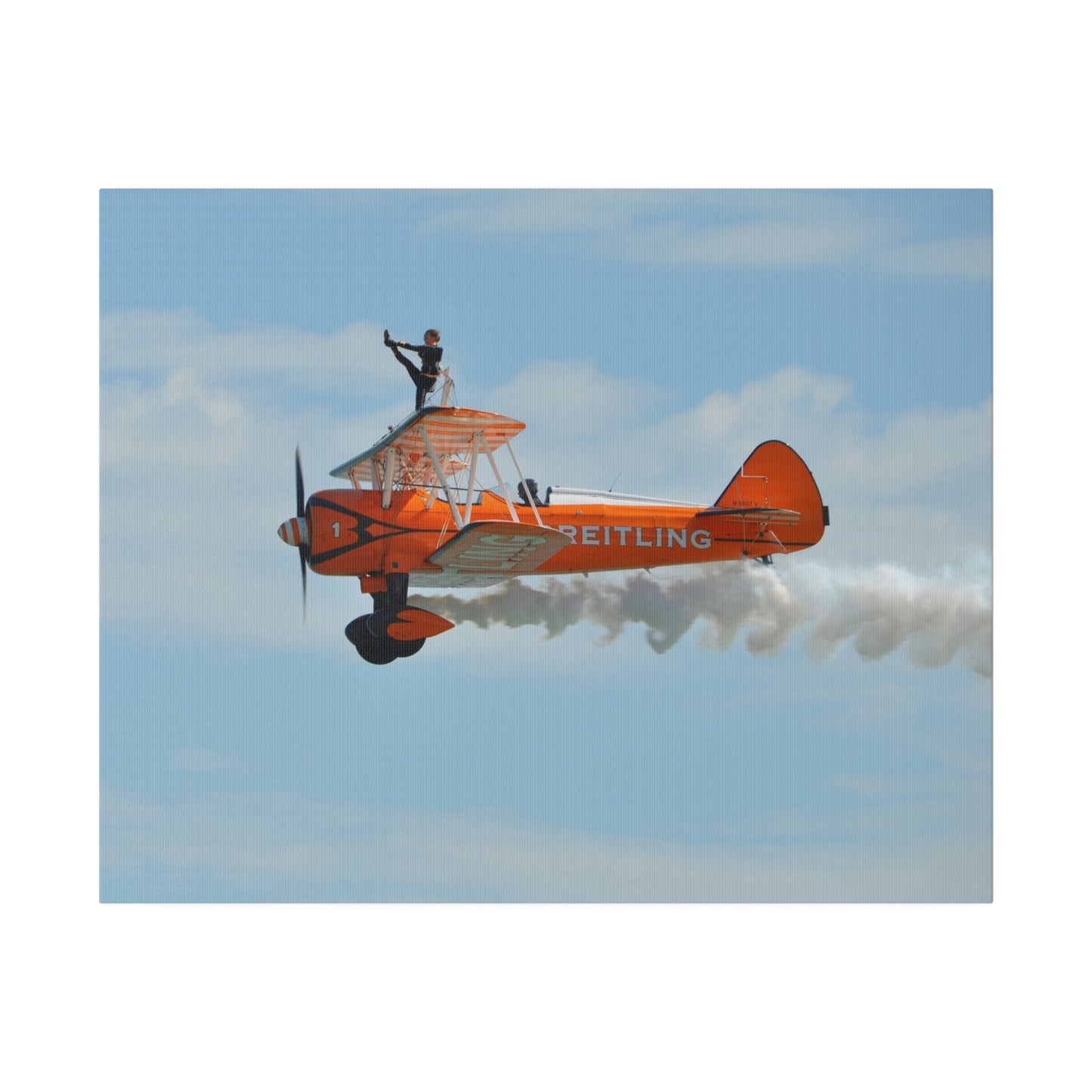 Single Wing Walker Flying From The Right Side View With Smoke, With The Person Lifting Left Leg Up, Very Close Up, Matte Canvas, Stretched, 0.75" - The Trio Synergize Group