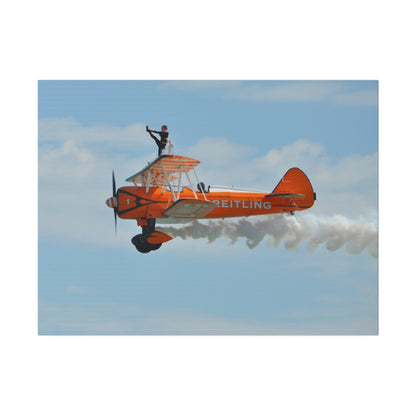 Single Wing Walker Flying From The Right Side View With Smoke, With The Person Lifting Left Leg Up, Very Close Up, Matte Canvas, Stretched, 0.75" - The Trio Synergize Group