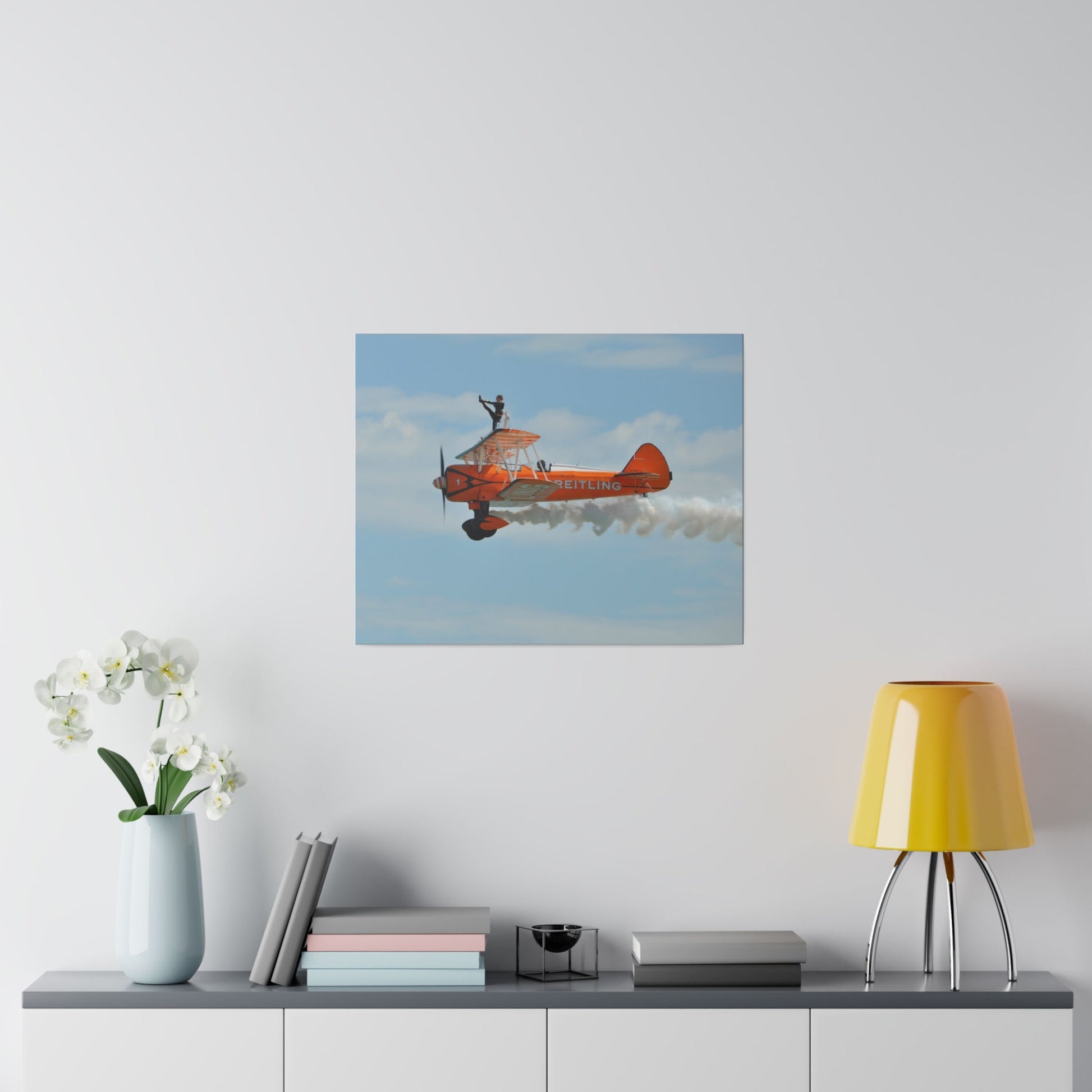 Single Wing Walker Flying From The Right Side View With Smoke, With The Person Lifting Left Leg Up, Very Close Up, Matte Canvas, Stretched, 0.75" - The Trio Synergize Group