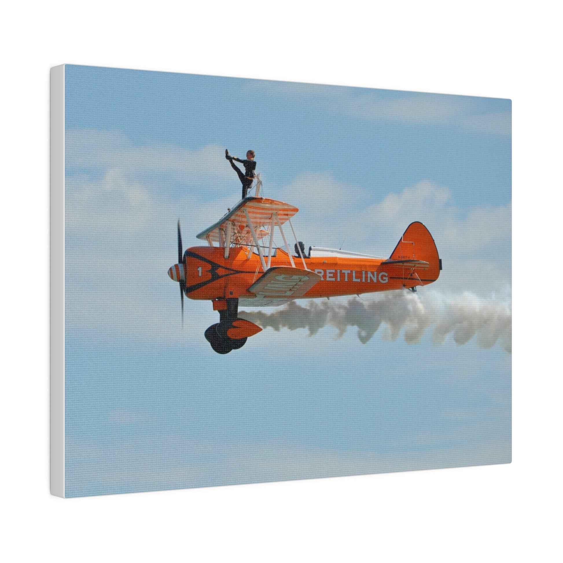 Single Wing Walker Flying From The Right Side View With Smoke, With The Person Lifting Left Leg Up, Very Close Up, Matte Canvas, Stretched, 0.75" - The Trio Synergize Group