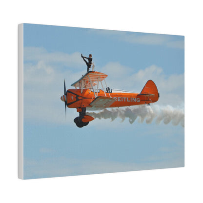 Single Wing Walker Flying From The Right Side View With Smoke, With The Person Lifting Left Leg Up, Very Close Up, Matte Canvas, Stretched, 0.75" - The Trio Synergize Group