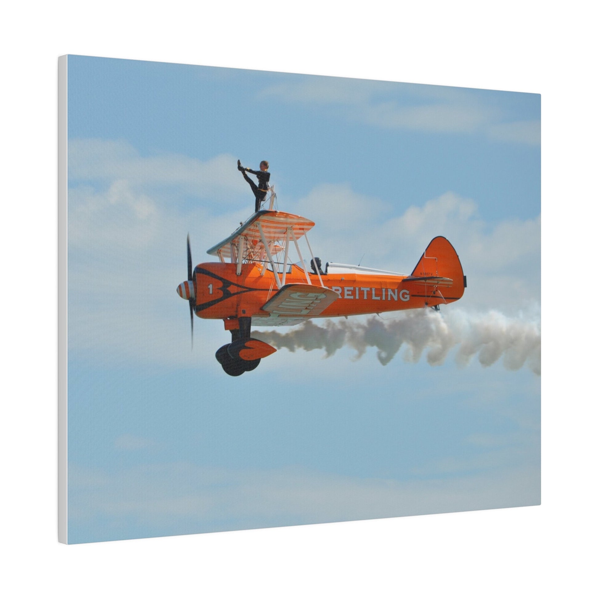 Single Wing Walker Flying From The Right Side View With Smoke, With The Person Lifting Left Leg Up, Very Close Up, Matte Canvas, Stretched, 0.75" - The Trio Synergize Group