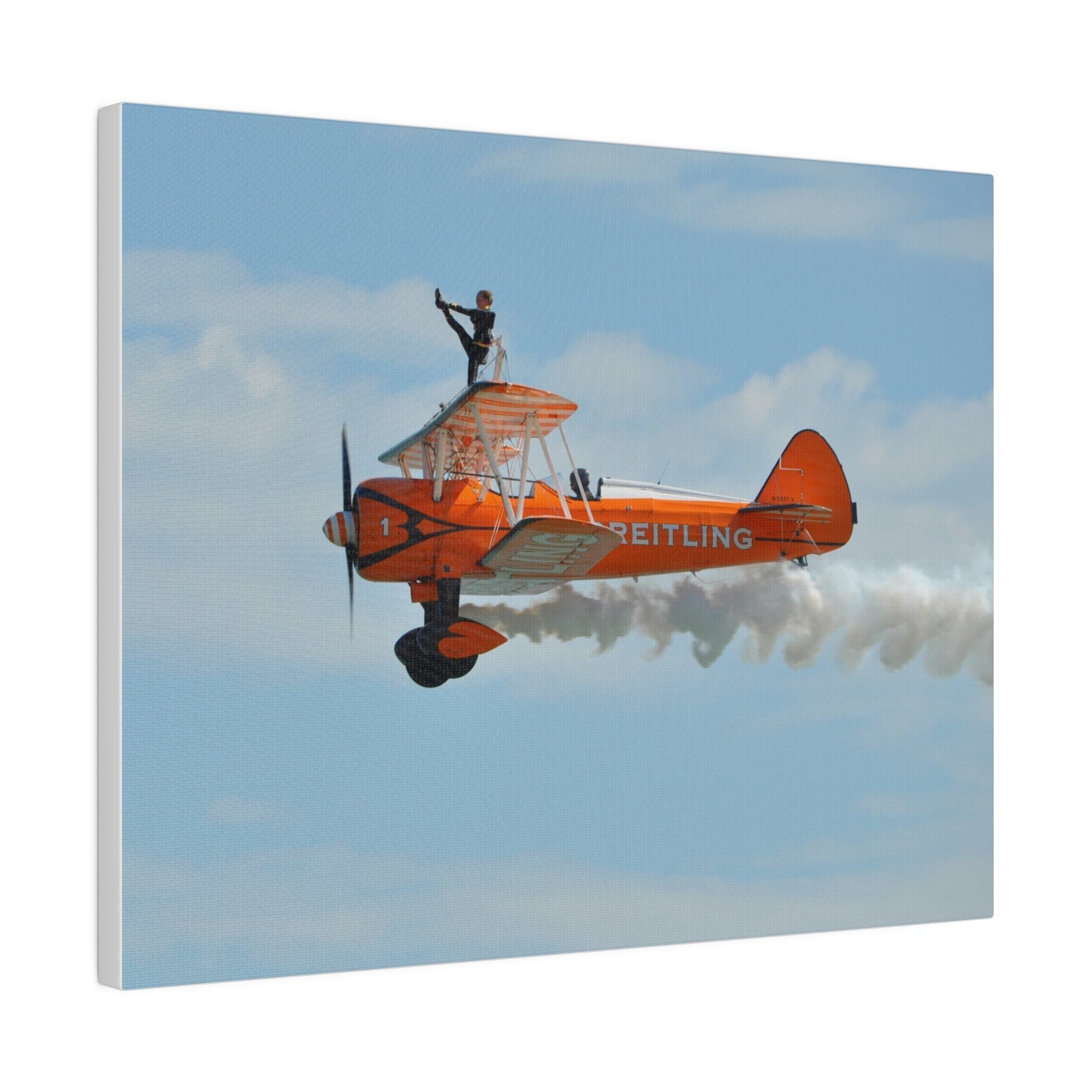 Single Wing Walker Flying From The Right Side View With Smoke, With The Person Lifting Left Leg Up, Very Close Up, Matte Canvas, Stretched, 0.75" - The Trio Synergize Group