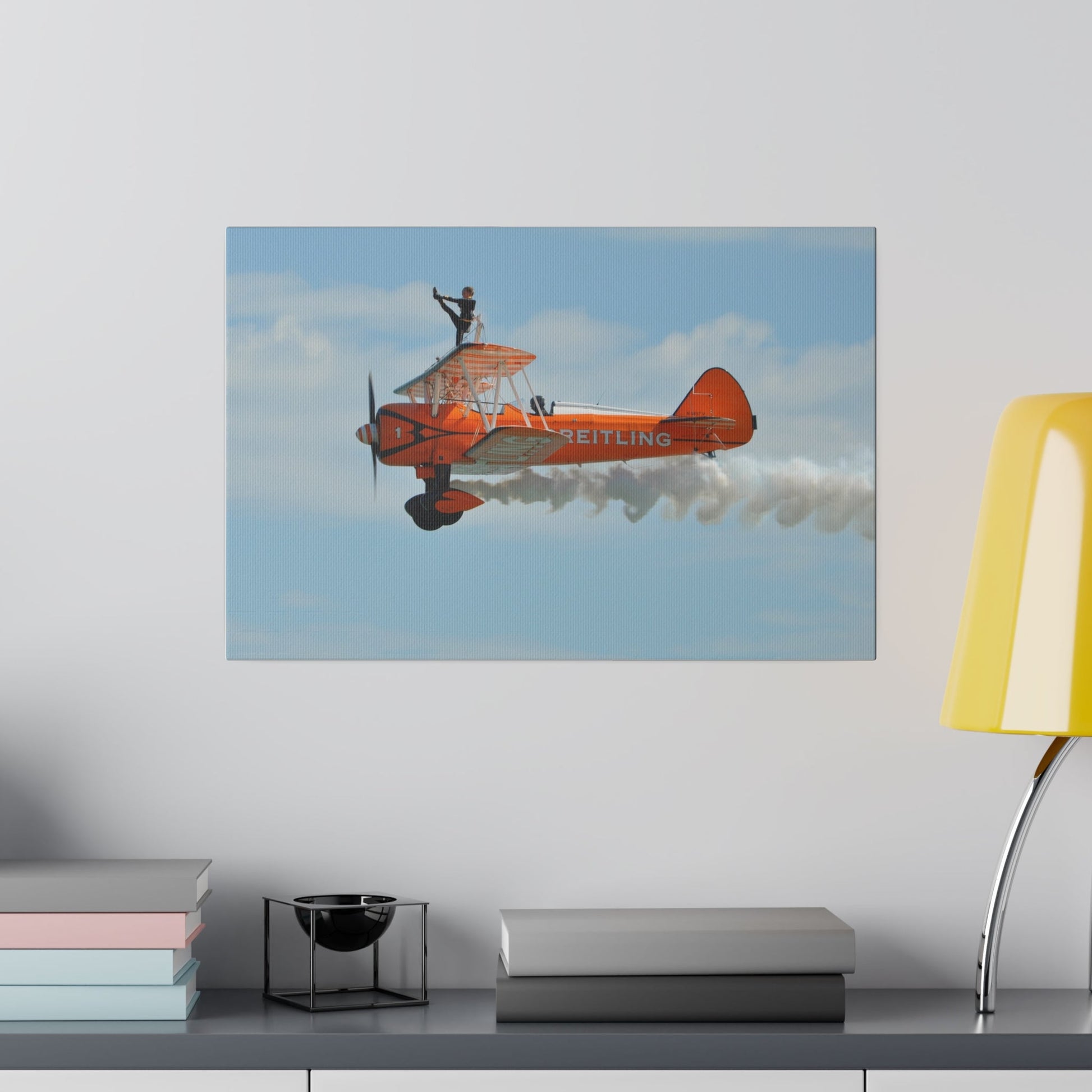 Single Wing Walker Flying From The Right Side View With Smoke, With The Person Lifting Left Leg Up, Very Close Up, Matte Canvas, Stretched, 0.75" - The Trio Synergize Group
