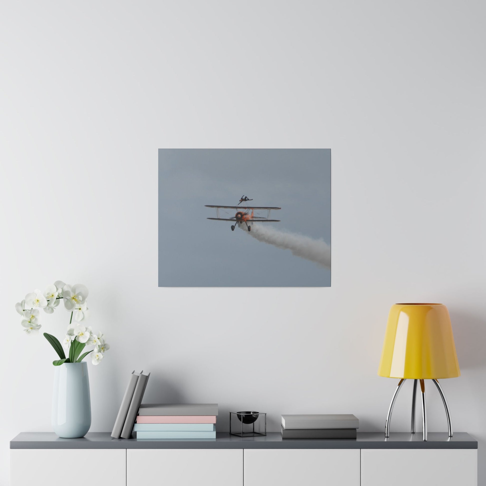 Single Wing Walker Flying Straight Forward With Smoke, With The Person Laying Sideways, Matte Canvas, Stretched, 0.75" - The Trio Synergize Group