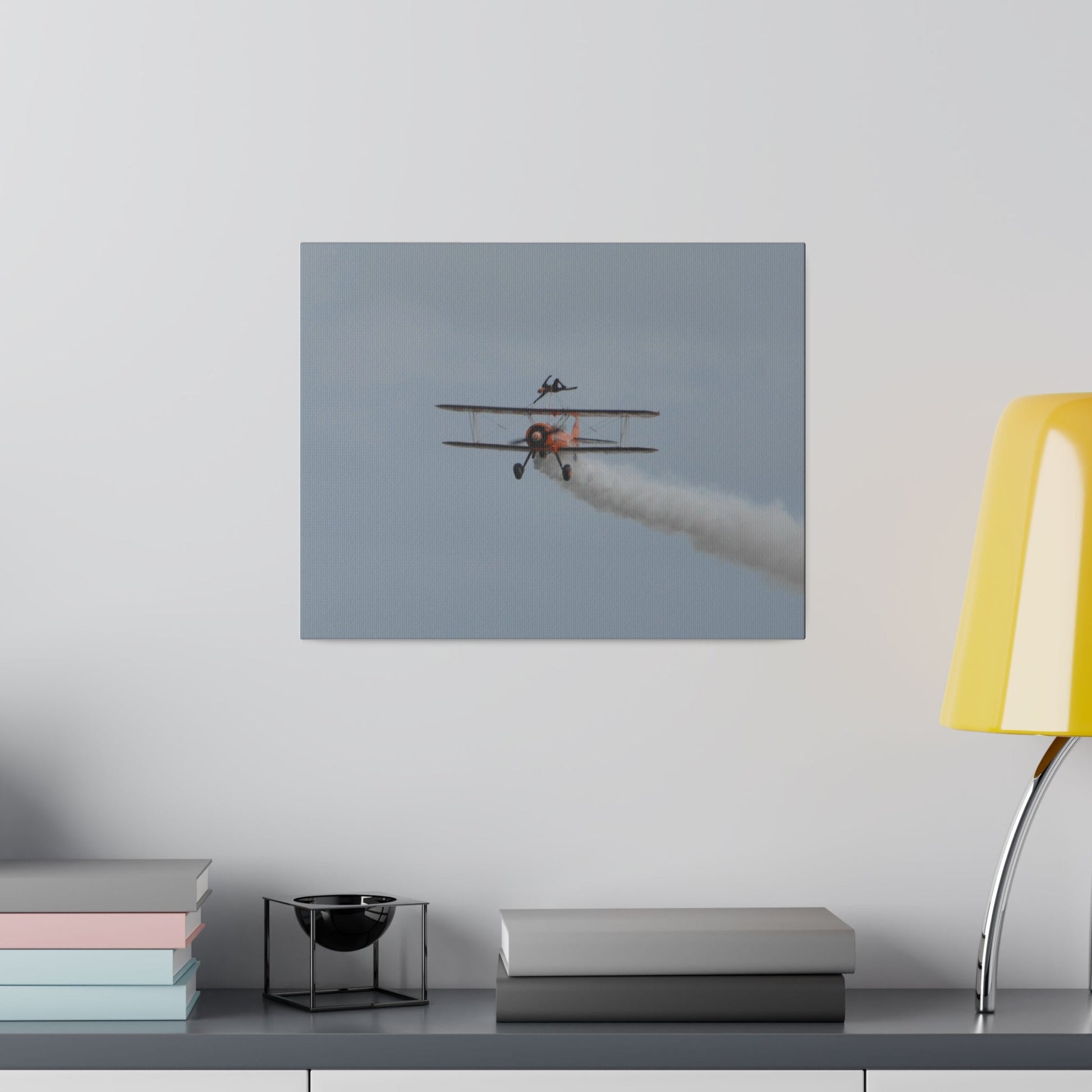 Single Wing Walker Flying Straight Forward With Smoke, With The Person Laying Sideways, Matte Canvas, Stretched, 0.75" - The Trio Synergize Group