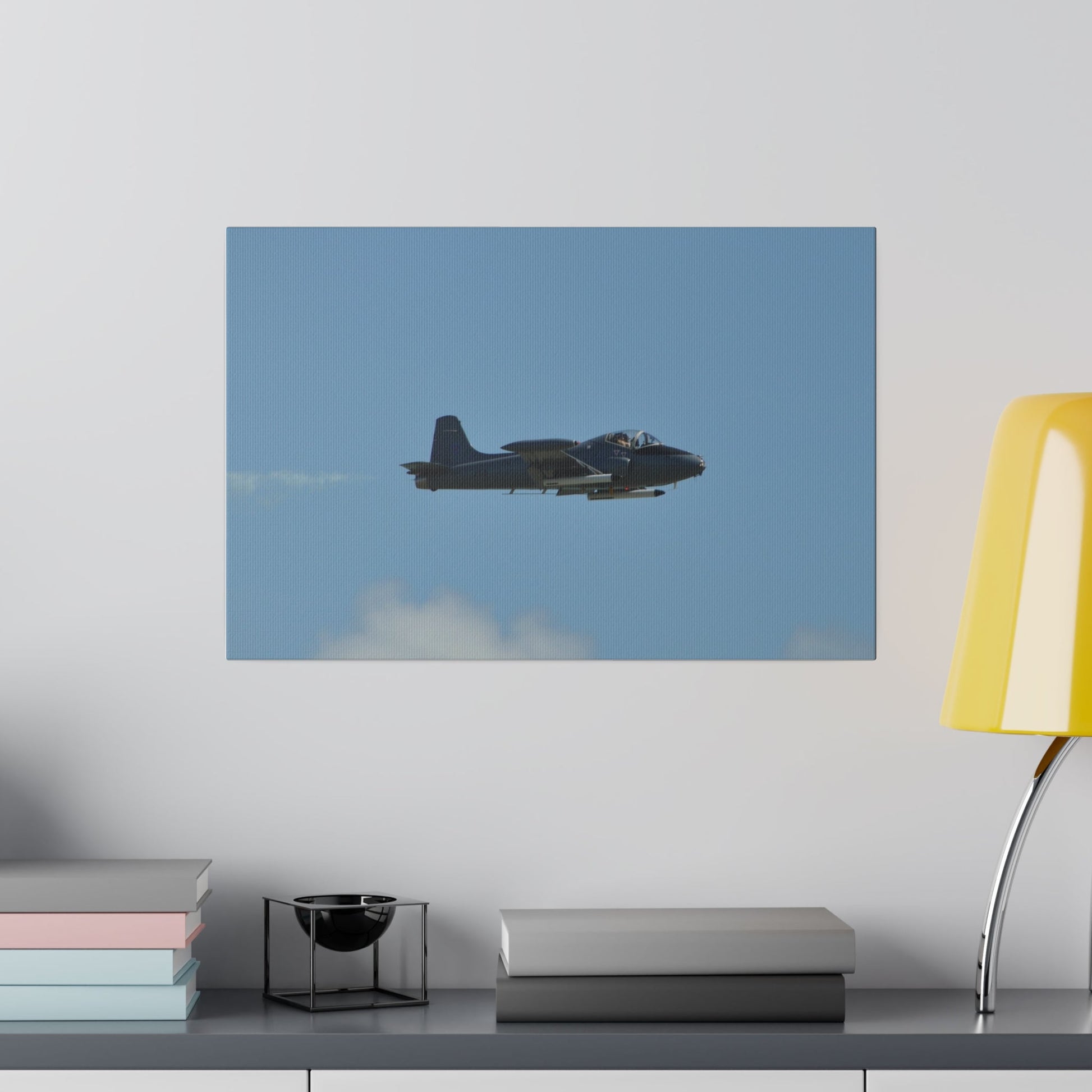 Strikemaster Flying From The Left With Smoke, With Front And Side View, Matte Canvas, Stretched, 0.75" - The Trio Synergize Group