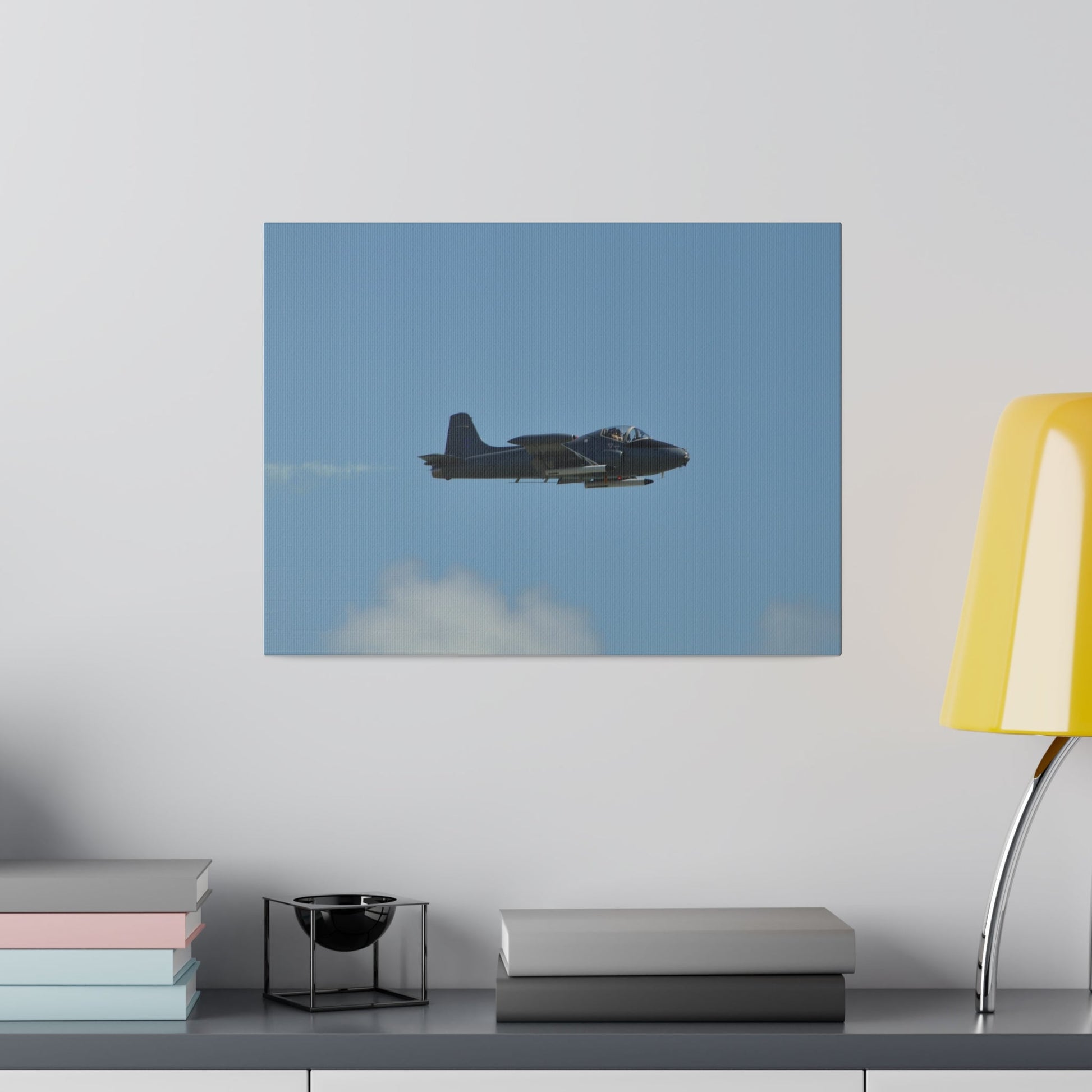 Strikemaster Flying From The Left With Smoke, With Front And Side View, Matte Canvas, Stretched, 0.75" - The Trio Synergize Group