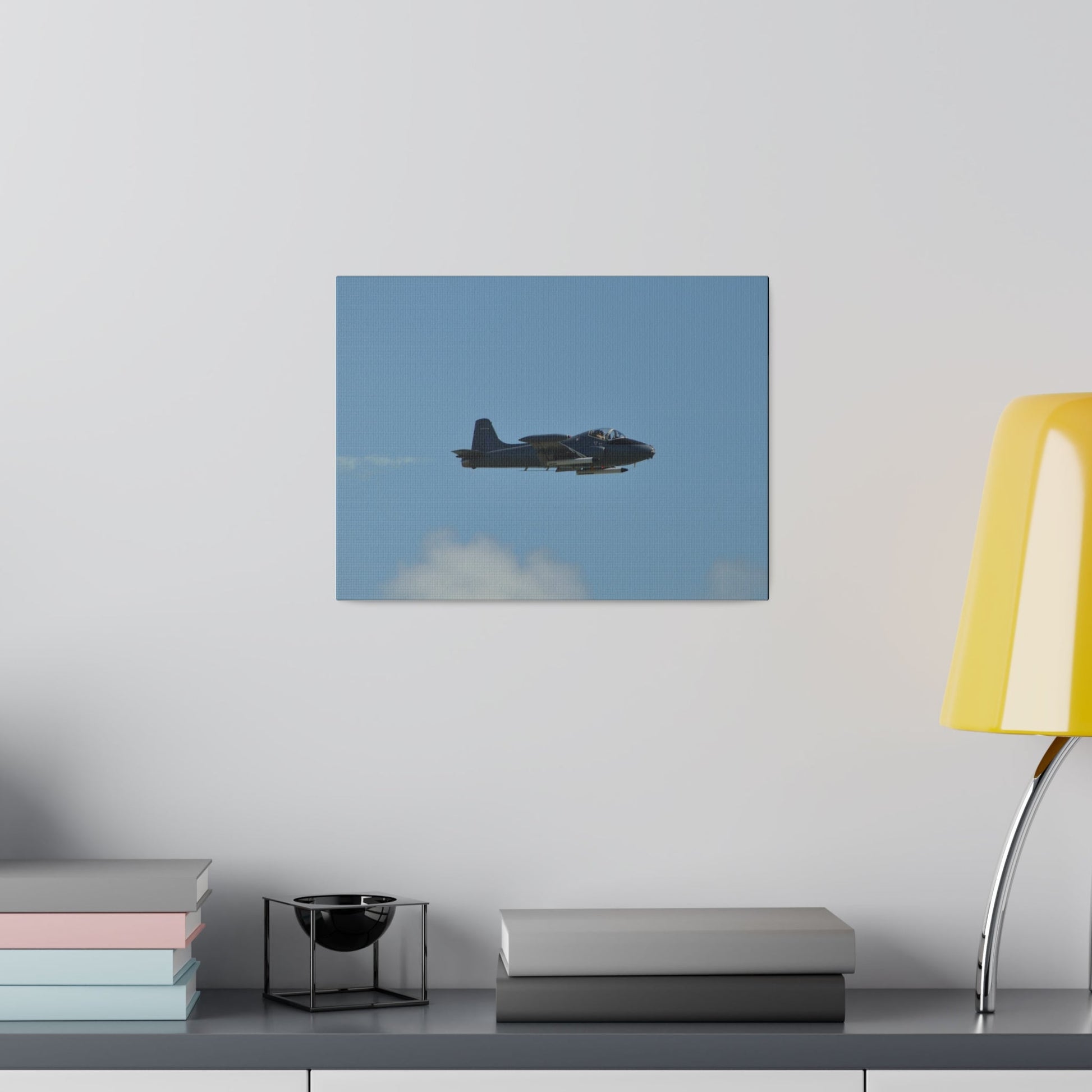 Strikemaster Flying From The Left With Smoke, With Front And Side View, Matte Canvas, Stretched, 0.75" - The Trio Synergize Group