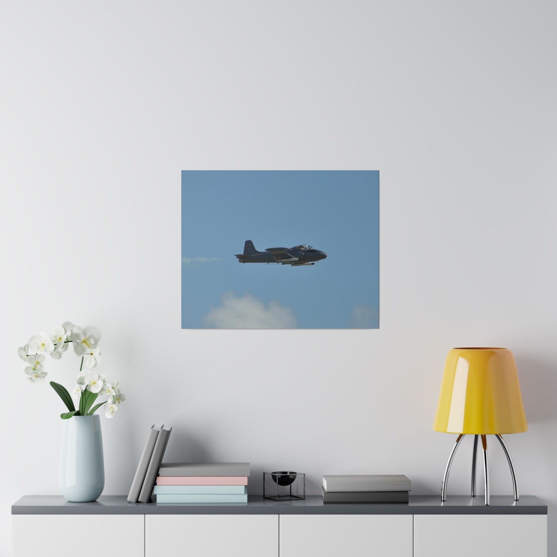 Strikemaster Flying From The Left With Smoke, With Front And Side View, Matte Canvas, Stretched, 0.75" - The Trio Synergize Group