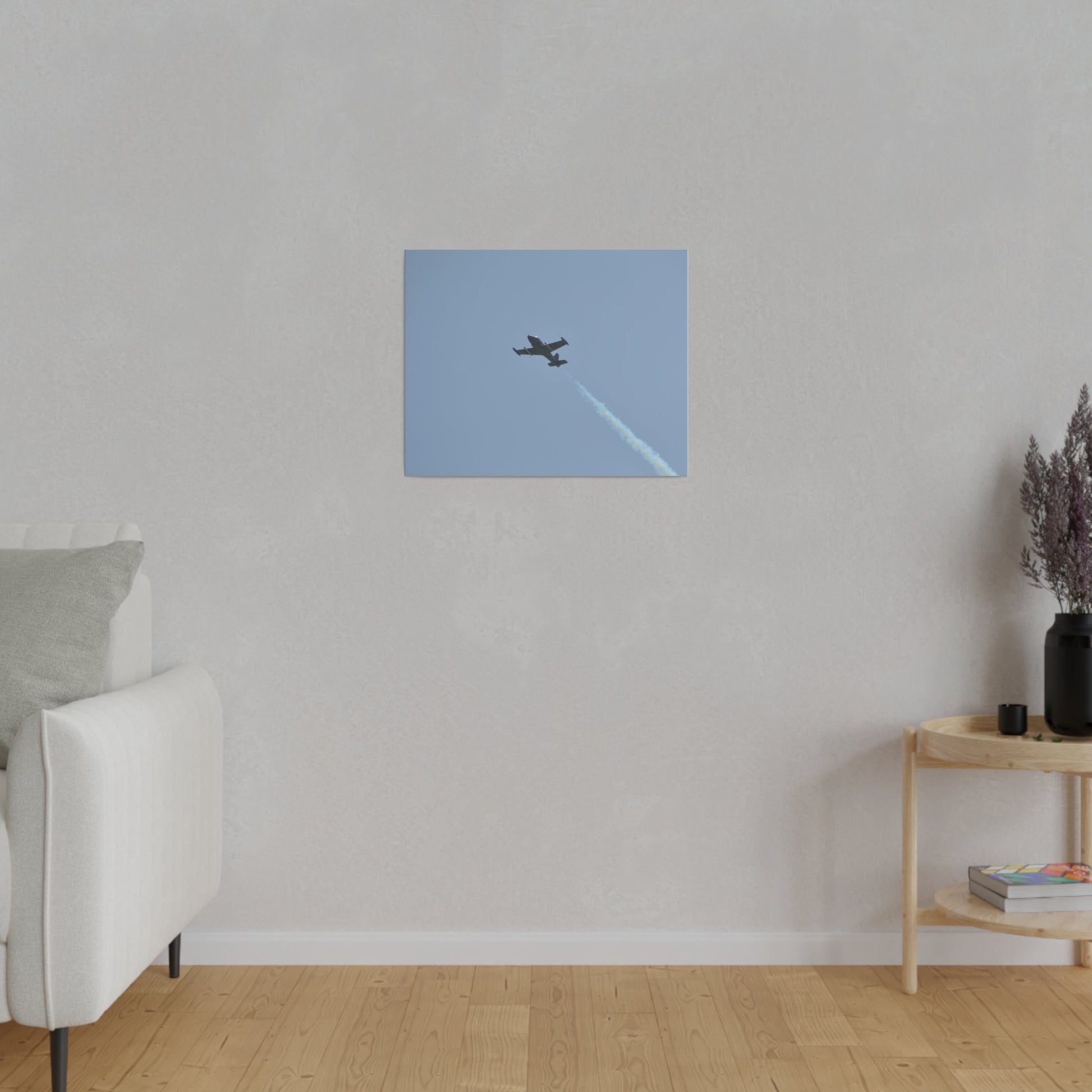 Strikemaster Flying From The Right With Smoke And A View Of The Undercarriage, Matte Canvas, Stretched, 0.75" - The Trio Synergize Group