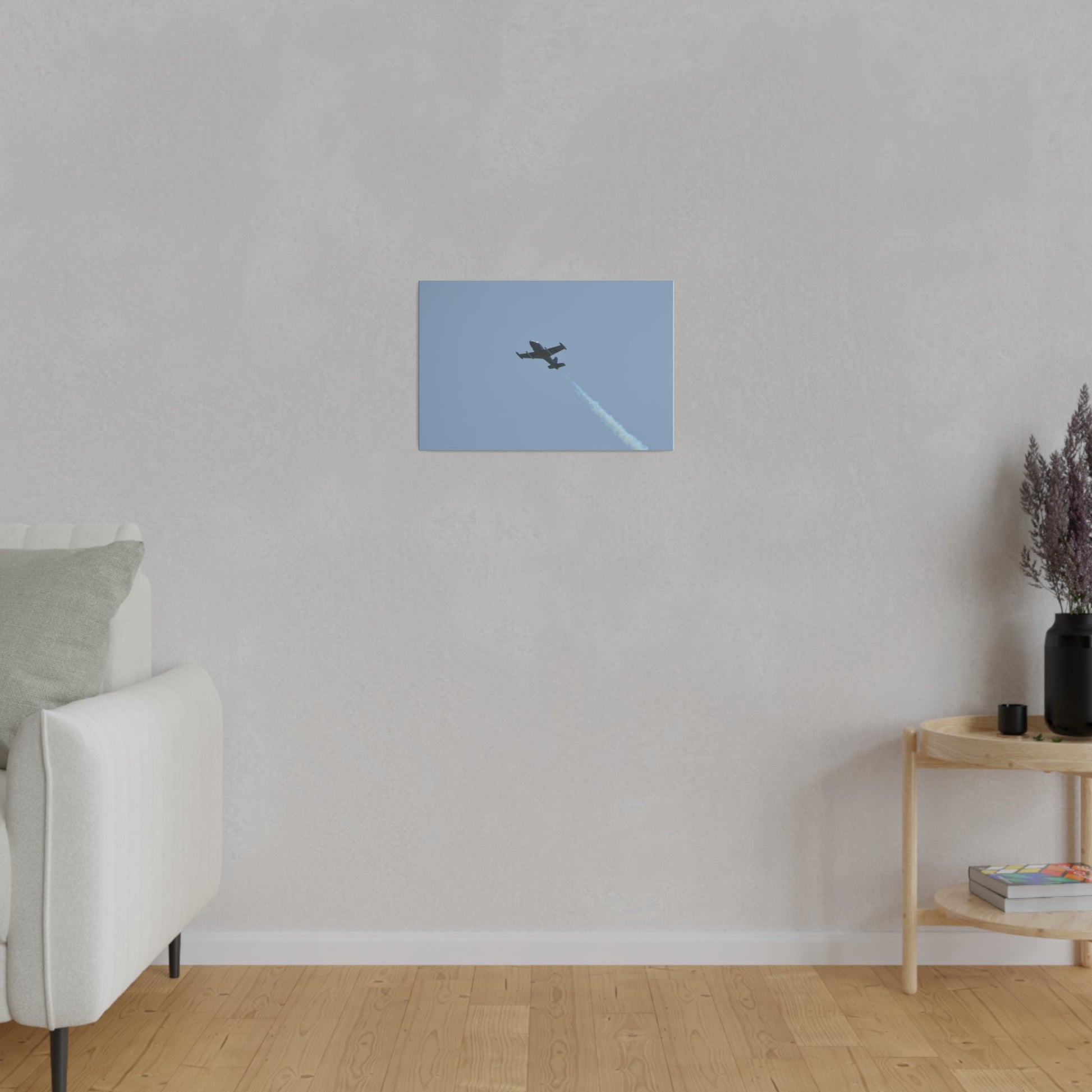Strikemaster Flying From The Right With Smoke And A View Of The Undercarriage, Matte Canvas, Stretched, 0.75" - The Trio Synergize Group