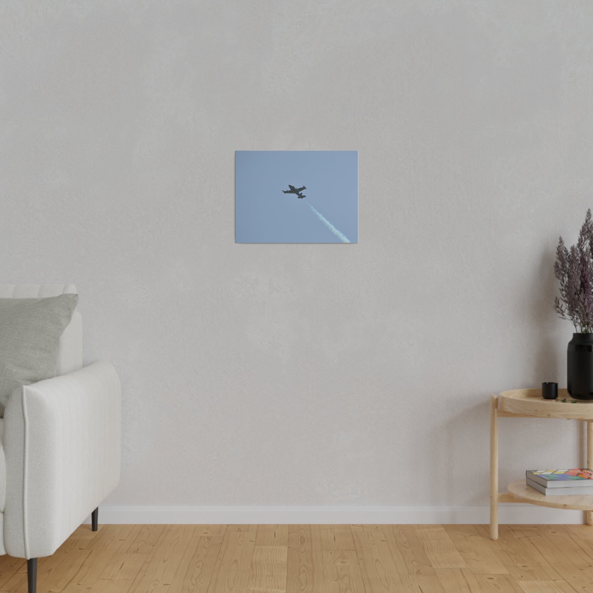 Strikemaster Flying From The Right With Smoke And A View Of The Undercarriage, Matte Canvas, Stretched, 0.75" - The Trio Synergize Group
