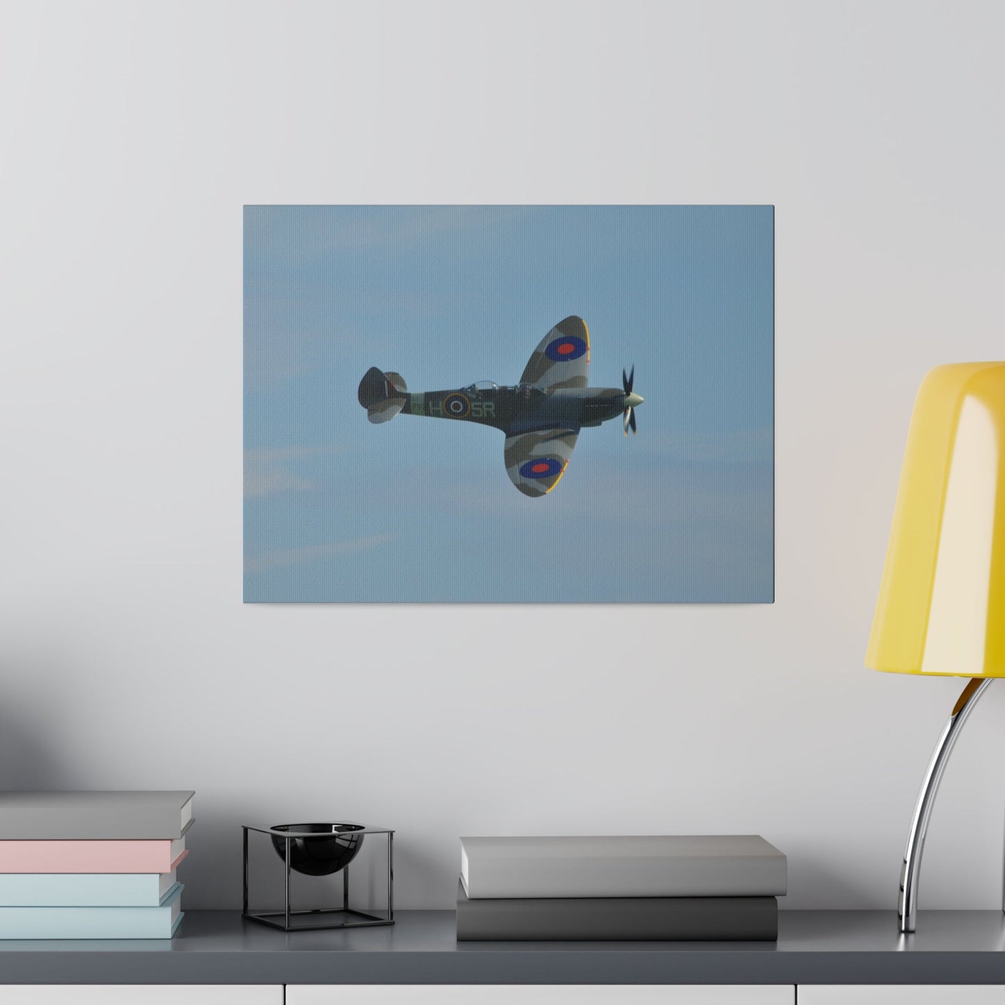 Supermarine Spitfire Two - Seater Flying From The Left With A Slight Angle Close Up, Matte Canvas, Stretched, 0.75" - The Trio Synergize Group