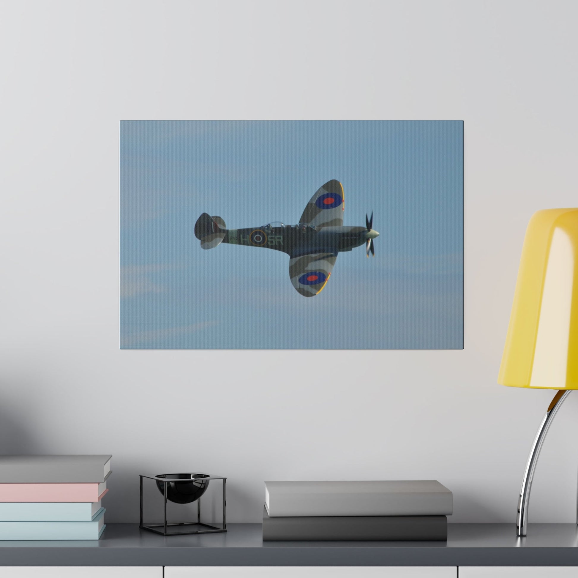 Supermarine Spitfire Two - Seater Flying From The Left With A Slight Angle Close Up, Matte Canvas, Stretched, 0.75" - The Trio Synergize Group