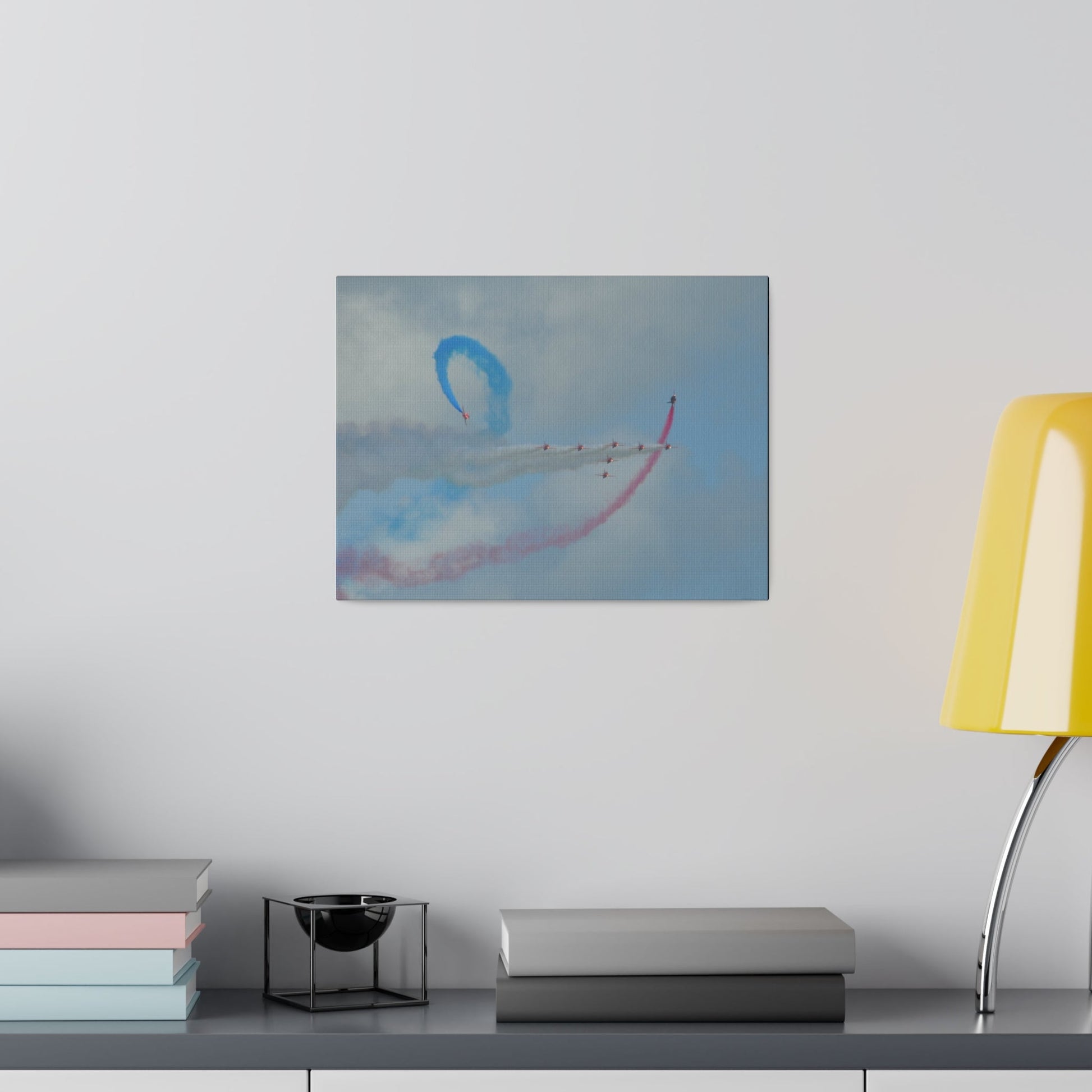The Red Arrows Flying From The Left With White Smoke In Formation And Two Looping Around With Coloured Smoke, Matte Canvas, Stretched, 0.75" - The Trio Synergize Group