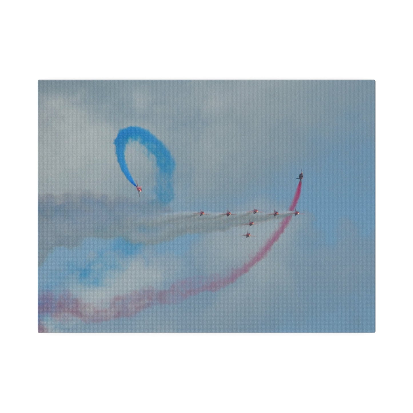 The Red Arrows Flying From The Left With White Smoke In Formation And Two Looping Around With Coloured Smoke, Matte Canvas, Stretched, 0.75" - The Trio Synergize Group