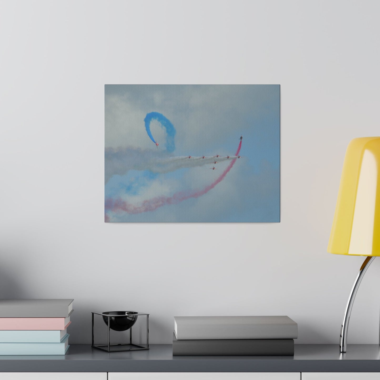 The Red Arrows Flying From The Left With White Smoke In Formation And Two Looping Around With Coloured Smoke, Matte Canvas, Stretched, 0.75" - The Trio Synergize Group