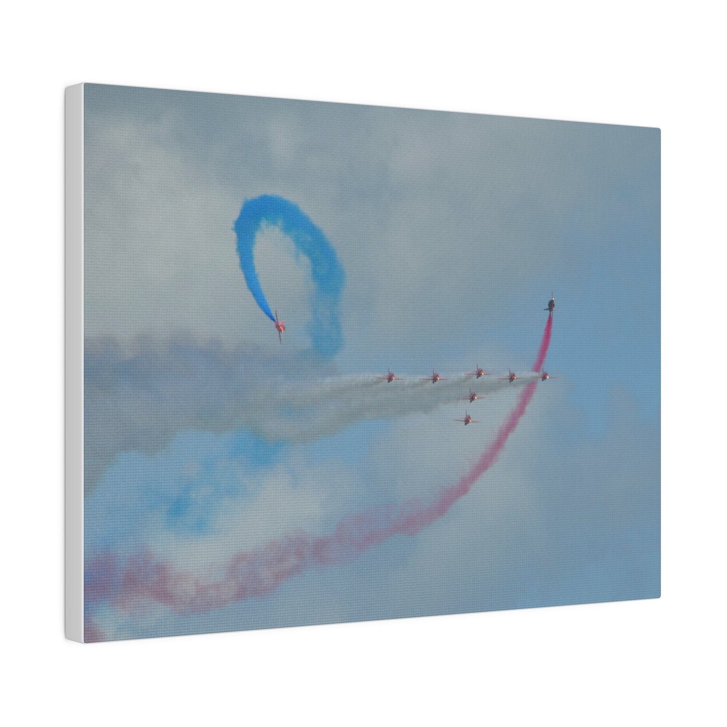 The Red Arrows Flying From The Left With White Smoke In Formation And Two Looping Around With Coloured Smoke, Matte Canvas, Stretched, 0.75" - The Trio Synergize Group