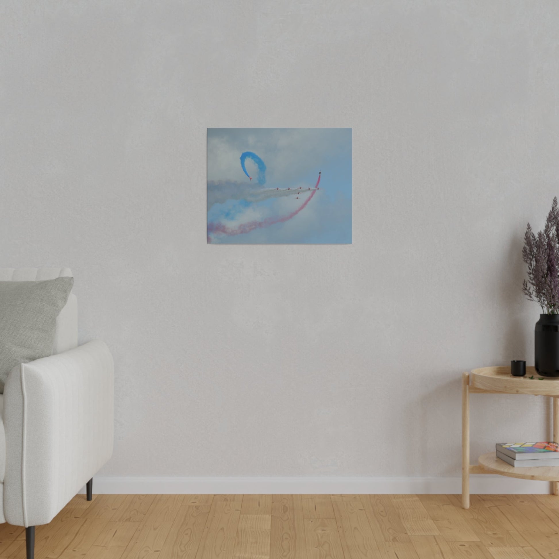 The Red Arrows Flying From The Left With White Smoke In Formation And Two Looping Around With Coloured Smoke, Matte Canvas, Stretched, 0.75" - The Trio Synergize Group