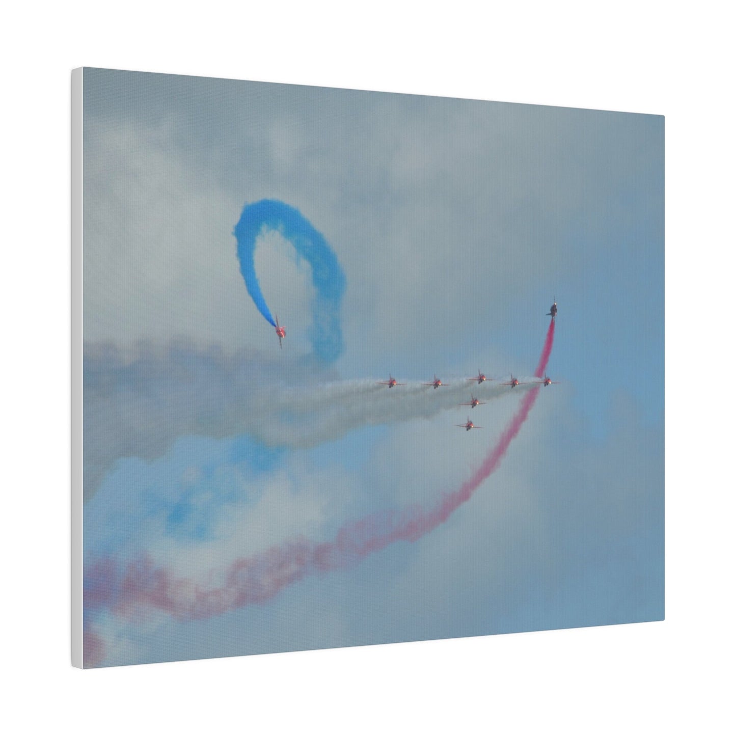 The Red Arrows Flying From The Left With White Smoke In Formation And Two Looping Around With Coloured Smoke, Matte Canvas, Stretched, 0.75" - The Trio Synergize Group