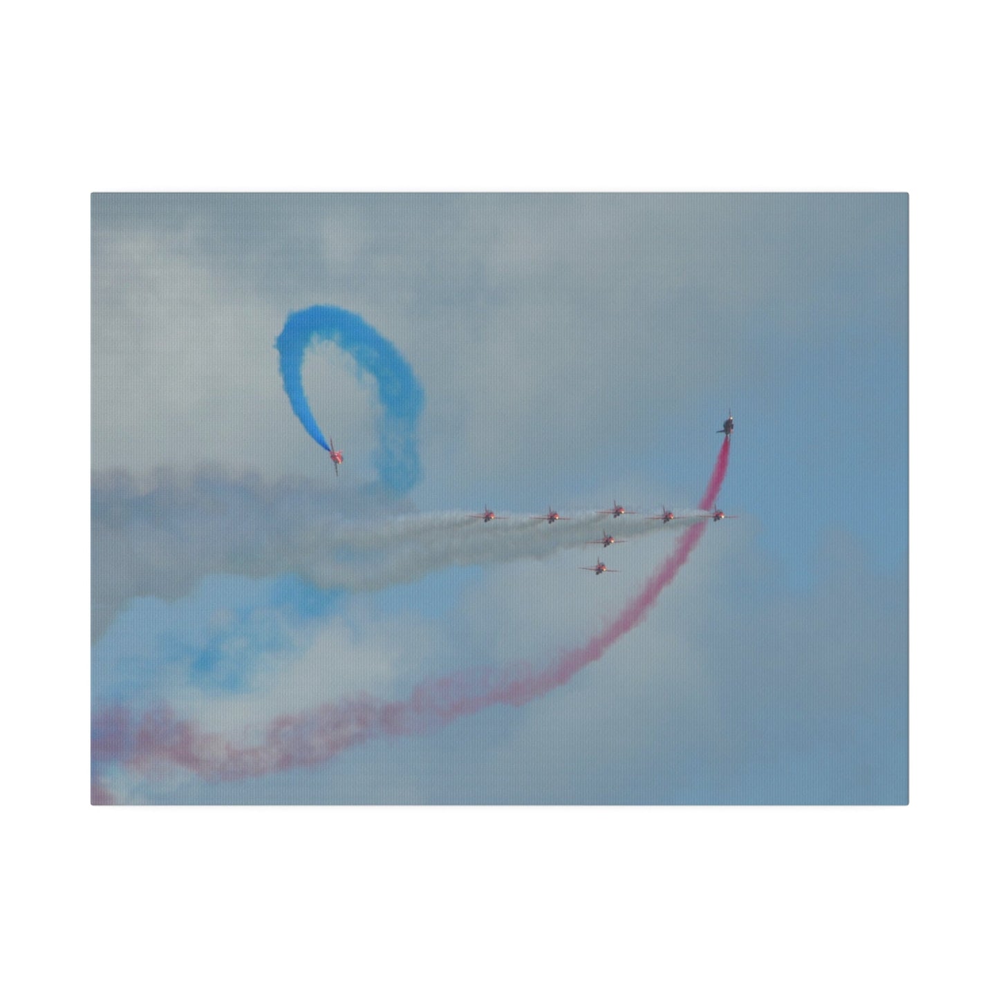 The Red Arrows Flying From The Left With White Smoke In Formation And Two Looping Around With Coloured Smoke, Matte Canvas, Stretched, 0.75" - The Trio Synergize Group