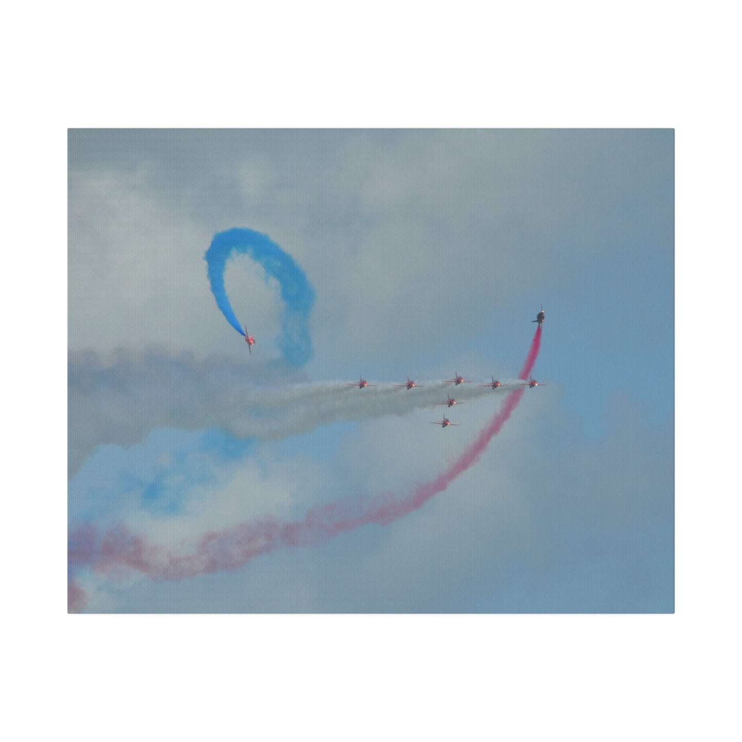 The Red Arrows Flying From The Left With White Smoke In Formation And Two Looping Around With Coloured Smoke, Matte Canvas, Stretched, 0.75" - The Trio Synergize Group