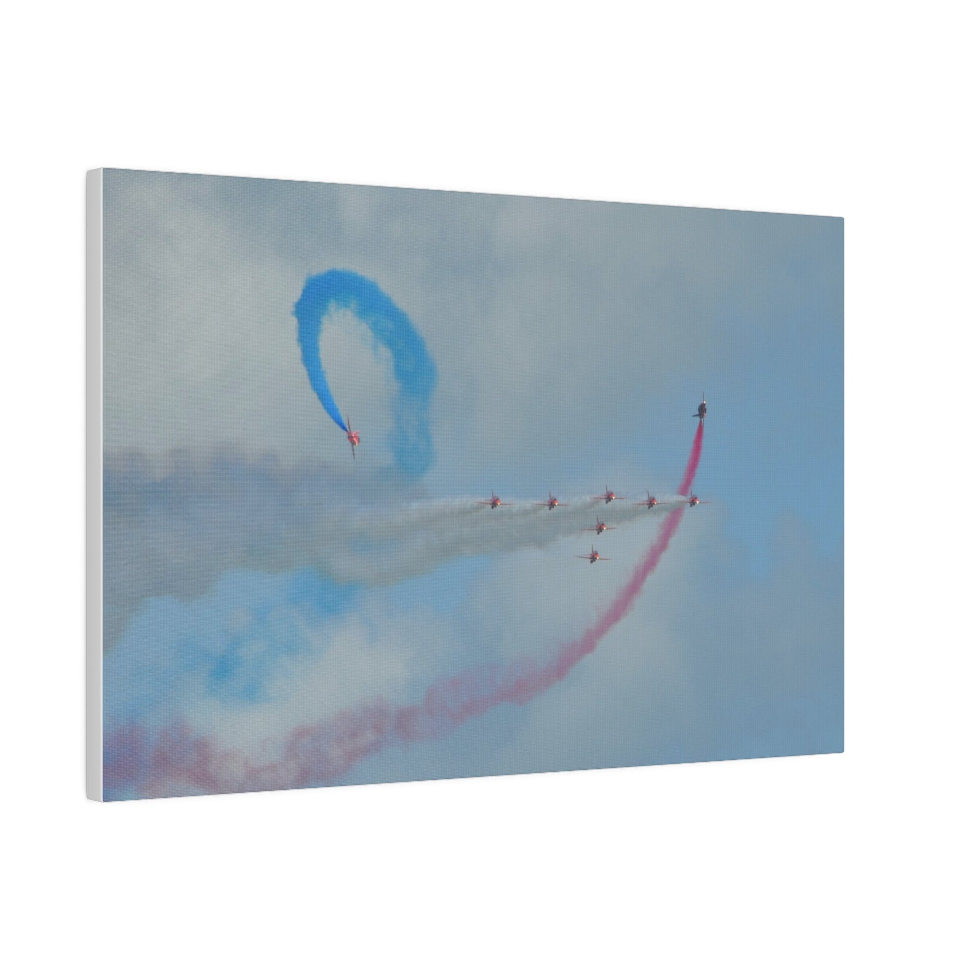 The Red Arrows Flying From The Left With White Smoke In Formation And Two Looping Around With Coloured Smoke, Matte Canvas, Stretched, 0.75" - The Trio Synergize Group