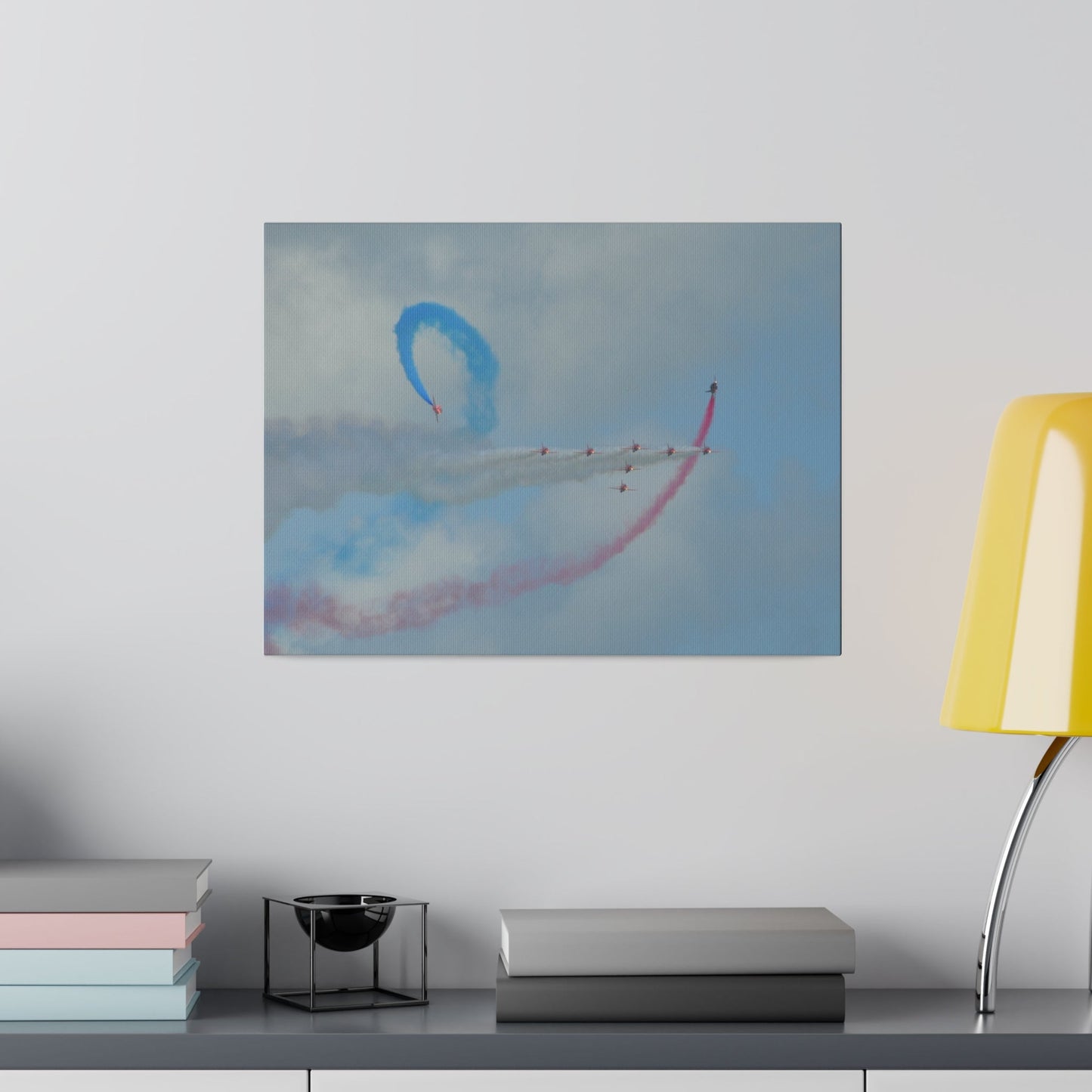 The Red Arrows Flying From The Left With White Smoke In Formation And Two Looping Around With Coloured Smoke, Matte Canvas, Stretched, 0.75" - The Trio Synergize Group