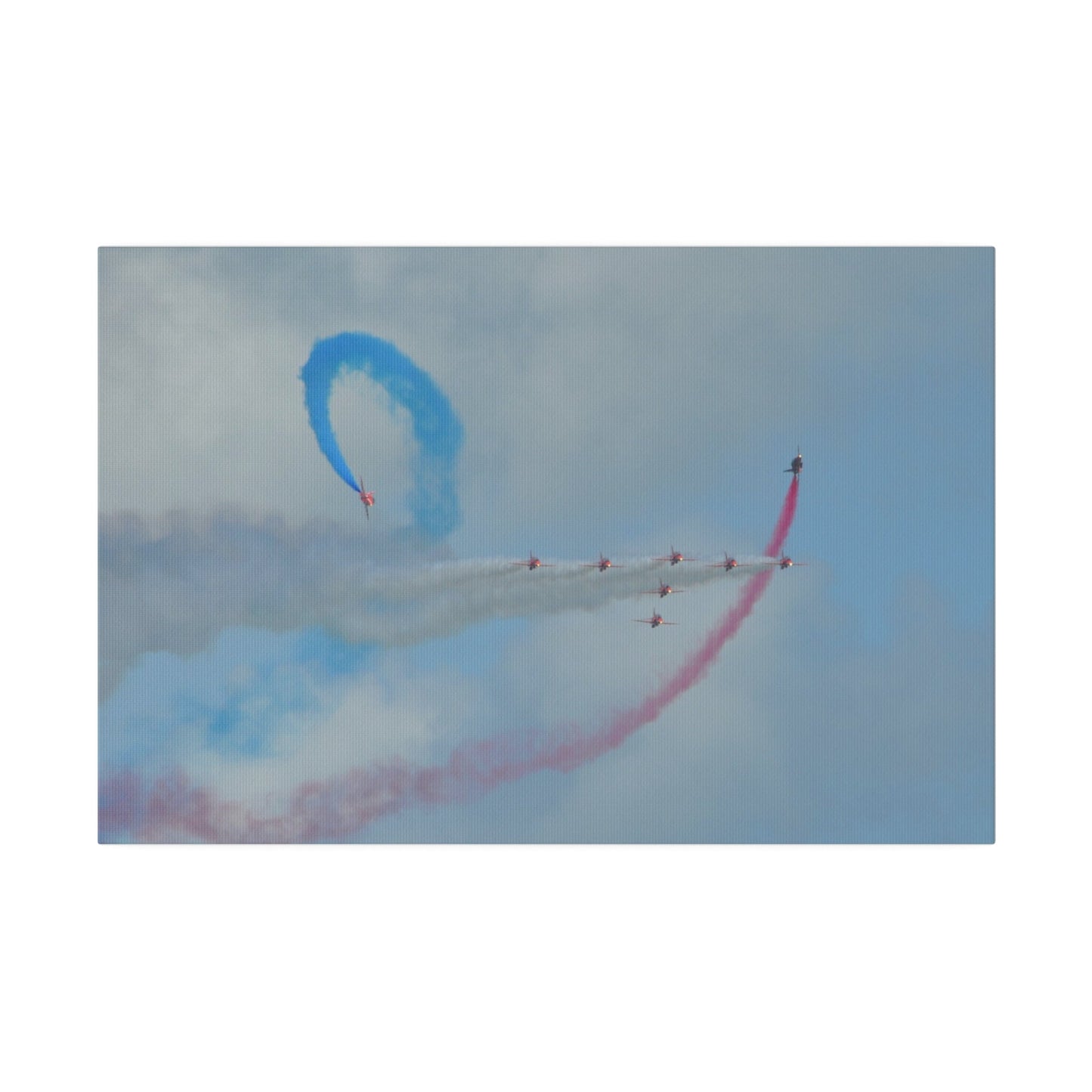 The Red Arrows Flying From The Left With White Smoke In Formation And Two Looping Around With Coloured Smoke, Matte Canvas, Stretched, 0.75" - The Trio Synergize Group