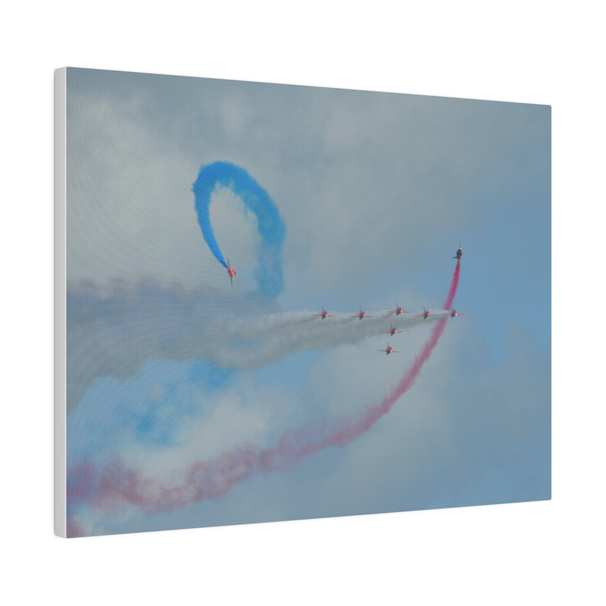 The Red Arrows Flying From The Left With White Smoke In Formation And Two Looping Around With Coloured Smoke, Matte Canvas, Stretched, 0.75" - The Trio Synergize Group