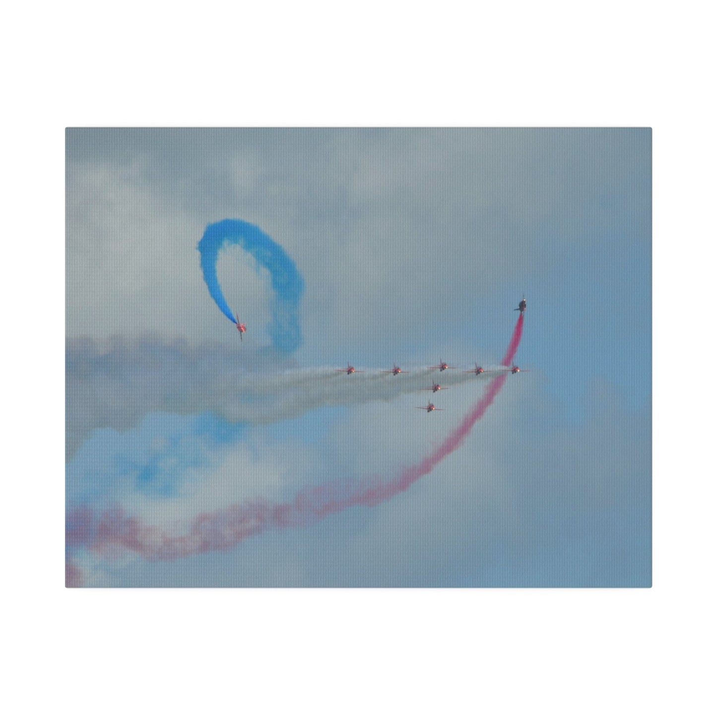 The Red Arrows Flying From The Left With White Smoke In Formation And Two Looping Around With Coloured Smoke, Matte Canvas, Stretched, 0.75" - The Trio Synergize Group