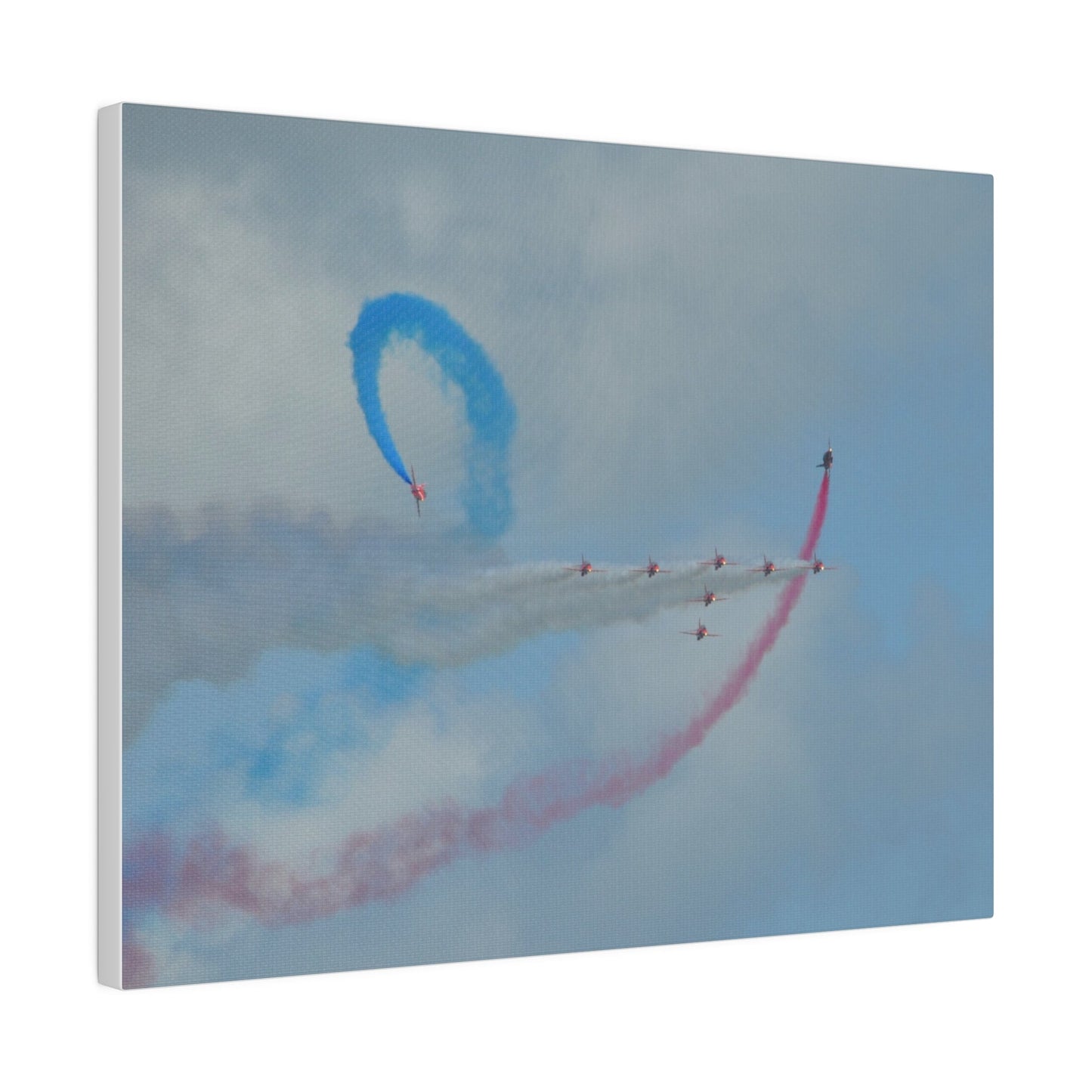 The Red Arrows Flying From The Left With White Smoke In Formation And Two Looping Around With Coloured Smoke, Matte Canvas, Stretched, 0.75" - The Trio Synergize Group