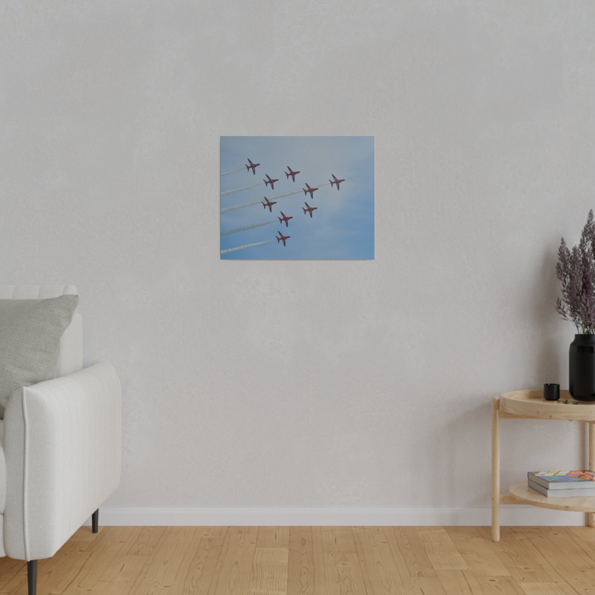 The Red Arrows Right With White Smoke In Formation Canvas - The Trio Synergize Group