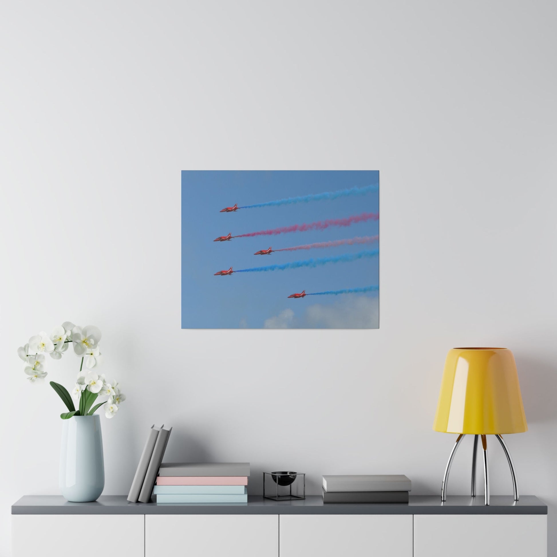 The Red Arrows Flying From The Right With White Smoke Side Rear View Close Up, Matte Canvas, Stretched, 0.75" - The Trio Synergize Group