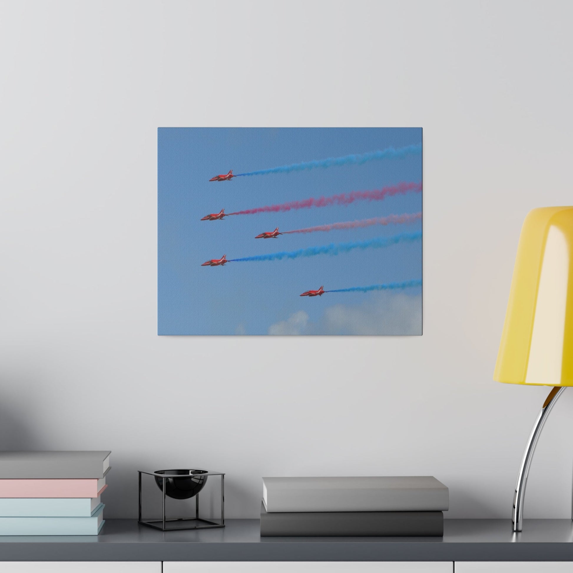 The Red Arrows Flying From The Right With White Smoke Side Rear View Close Up, Matte Canvas, Stretched, 0.75" - The Trio Synergize Group