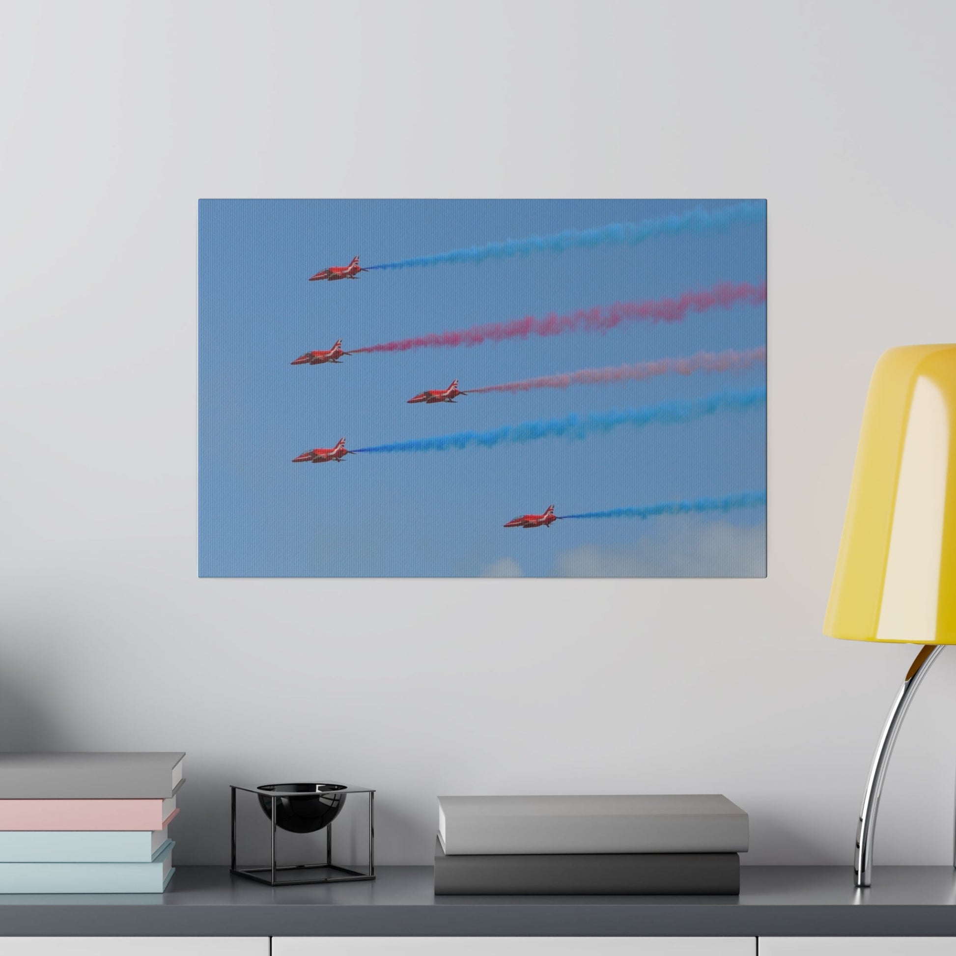 The Red Arrows Flying From The Right With White Smoke Side Rear View Close Up, Matte Canvas, Stretched, 0.75" - The Trio Synergize Group