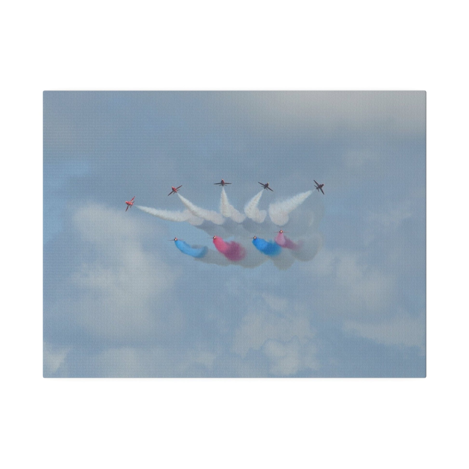 The Red Arrows Flying Straight With White, Red And Blue Smoke About To Breaking Formation In Progress, Matte Canvas, Stretched, 0.75" - The Trio Synergize Group