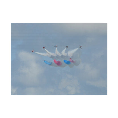 The Red Arrows Flying Straight With White, Red And Blue Smoke About To Breaking Formation In Progress, Matte Canvas, Stretched, 0.75" - The Trio Synergize Group