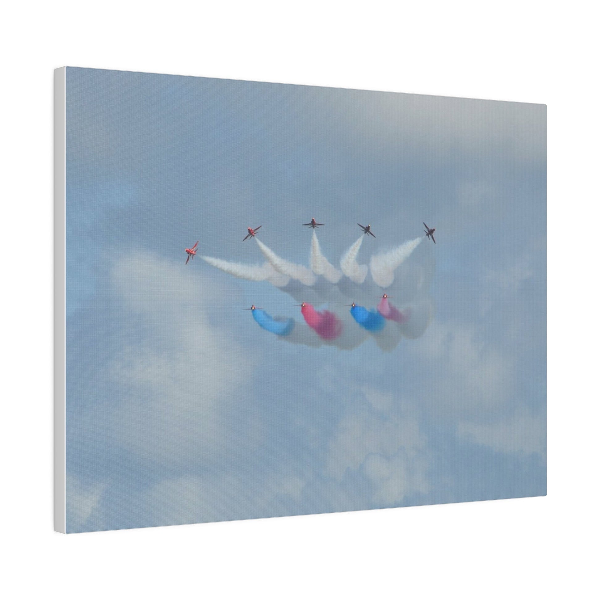The Red Arrows Flying Straight With White, Red And Blue Smoke About To Breaking Formation In Progress, Matte Canvas, Stretched, 0.75" - The Trio Synergize Group