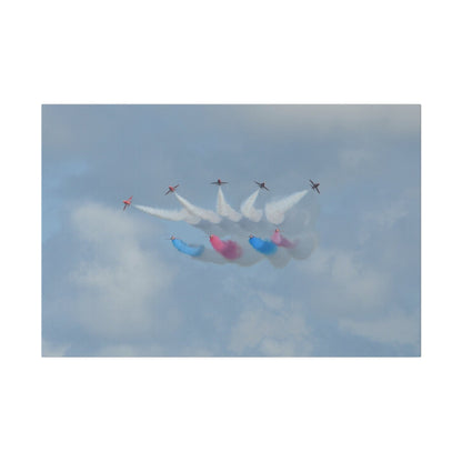 The Red Arrows Flying Straight With White, Red And Blue Smoke About To Breaking Formation In Progress, Matte Canvas, Stretched, 0.75" - The Trio Synergize Group