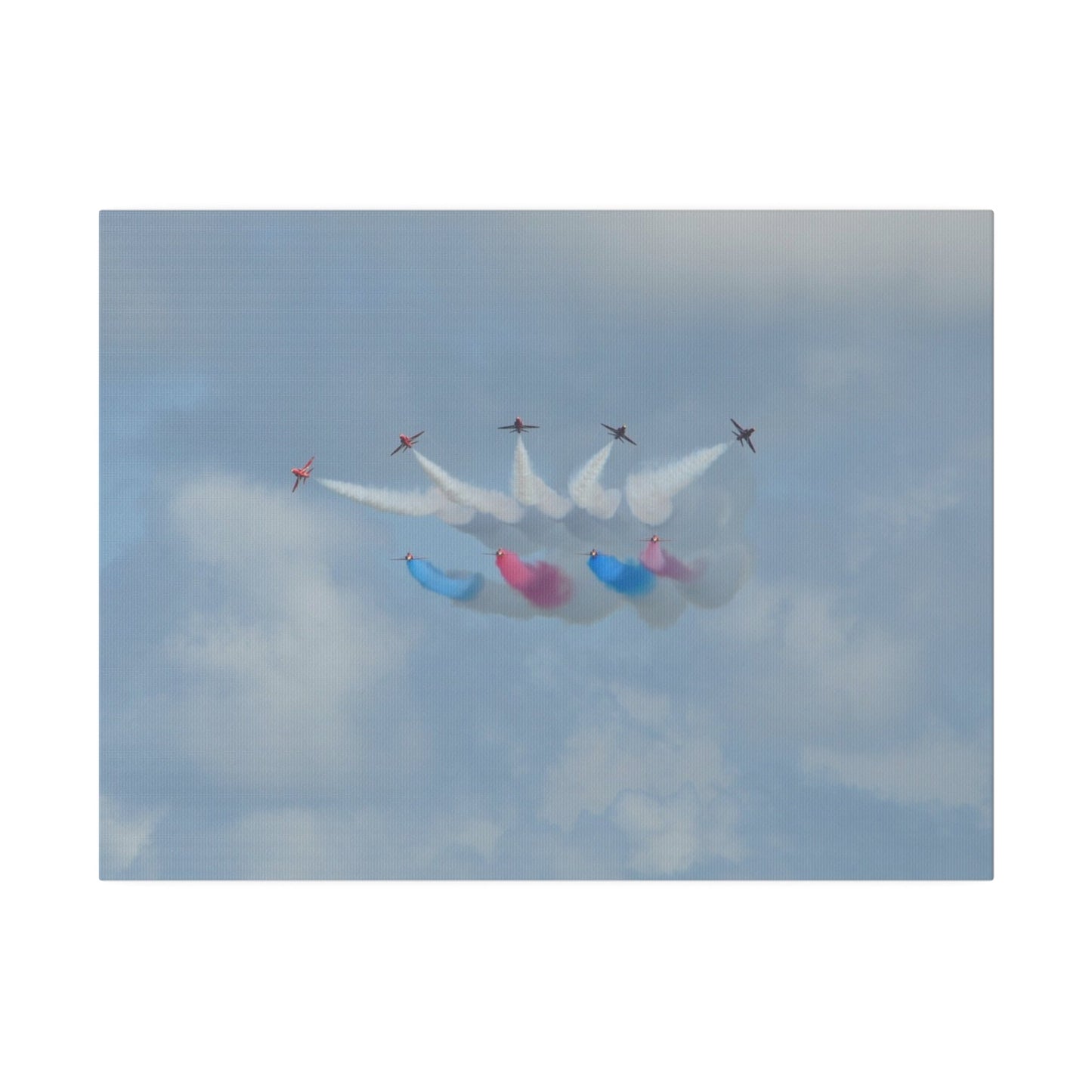 The Red Arrows Flying Straight With White, Red And Blue Smoke About To Breaking Formation In Progress, Matte Canvas, Stretched, 0.75" - The Trio Synergize Group