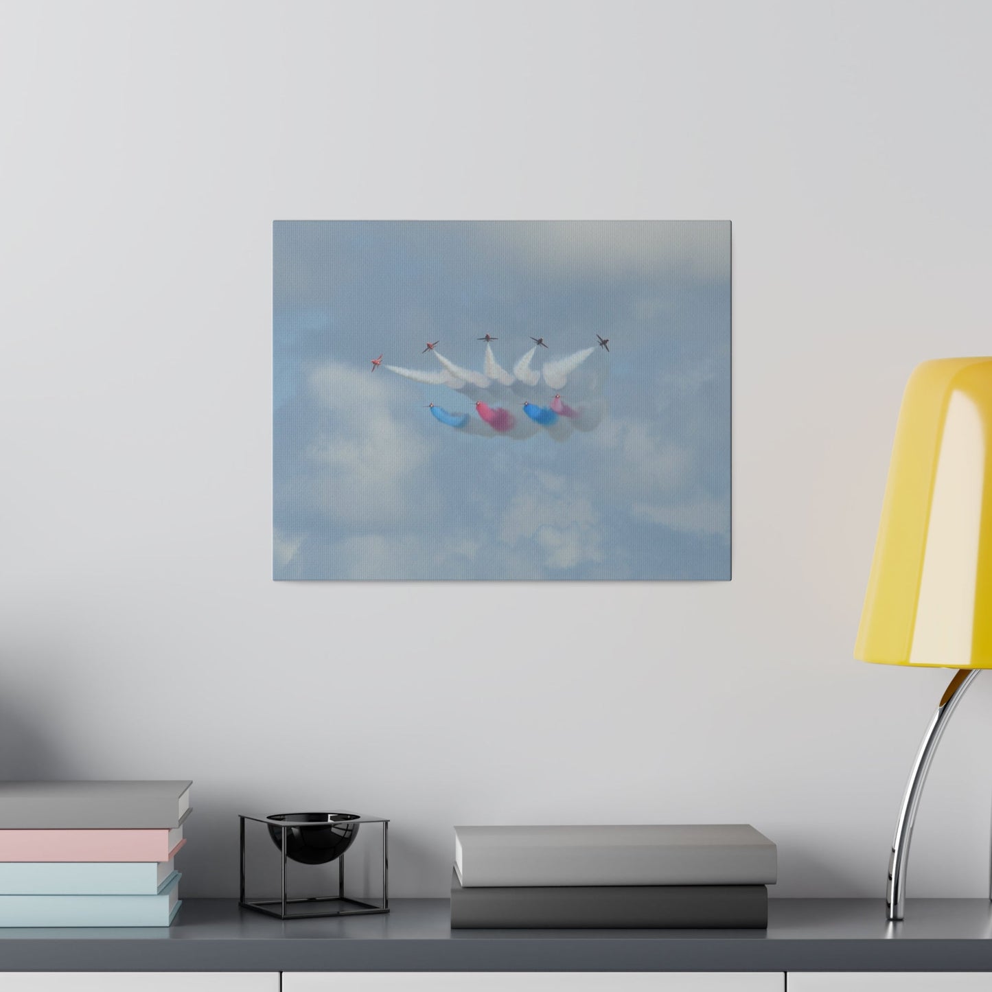 The Red Arrows Flying Straight With White, Red And Blue Smoke About To Breaking Formation In Progress, Matte Canvas, Stretched, 0.75" - The Trio Synergize Group