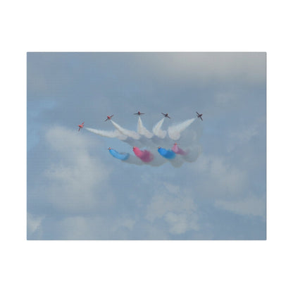 The Red Arrows Flying Straight With White, Red And Blue Smoke About To Breaking Formation In Progress, Matte Canvas, Stretched, 0.75" - The Trio Synergize Group