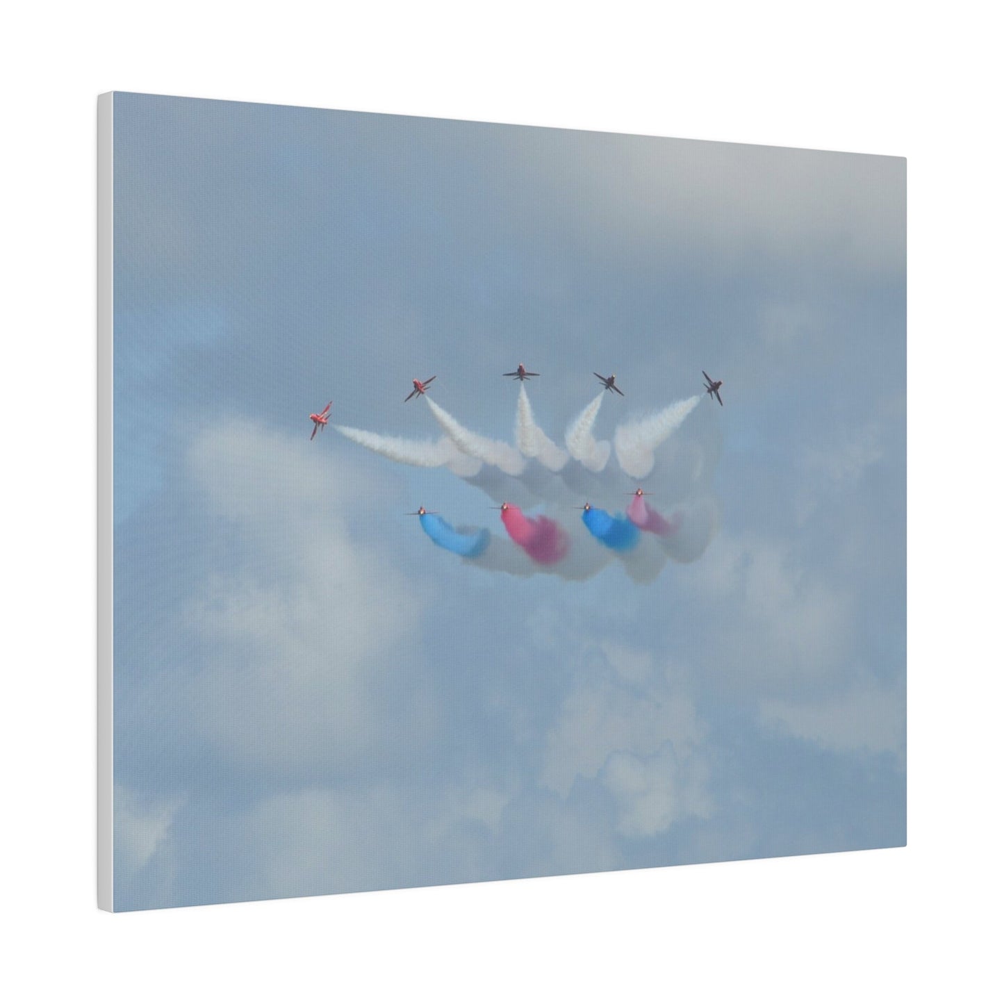 The Red Arrows Flying Straight With White, Red And Blue Smoke About To Breaking Formation In Progress, Matte Canvas, Stretched, 0.75" - The Trio Synergize Group
