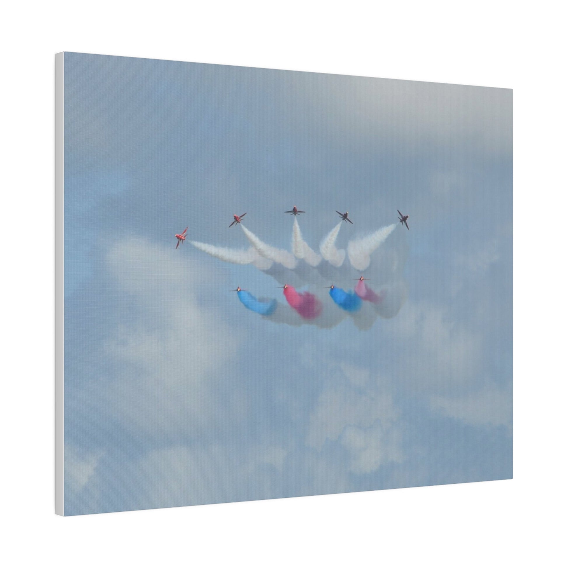 The Red Arrows Flying Straight With White, Red And Blue Smoke About To Breaking Formation In Progress, Matte Canvas, Stretched, 0.75" - The Trio Synergize Group