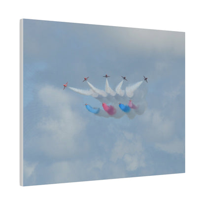 The Red Arrows Flying Straight With White, Red And Blue Smoke About To Breaking Formation In Progress, Matte Canvas, Stretched, 0.75" - The Trio Synergize Group